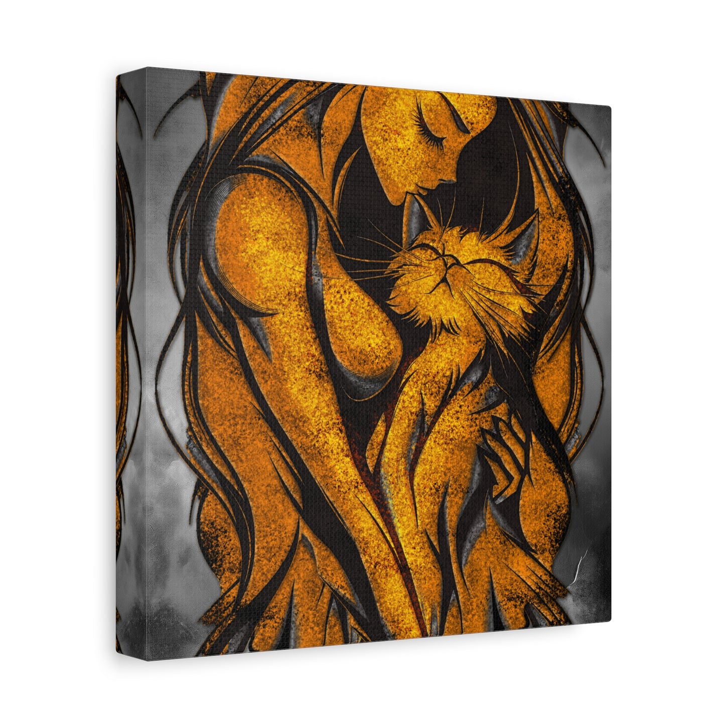 A Vertical Canvas Wall Print, Golden Woman Hugging Cat, Home Decor Wall Art, Matte Print, Stretched Canvas, Gift for Cat Lovers, Wall Decor.