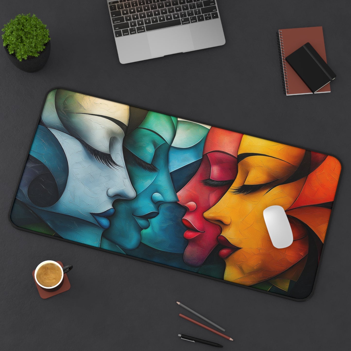 Faces Desk Mat, Faces in an Abstract Cubistic Design for Office Desk Decor, Mouse Pad Table Protector, Gaming Mouse Pad.
