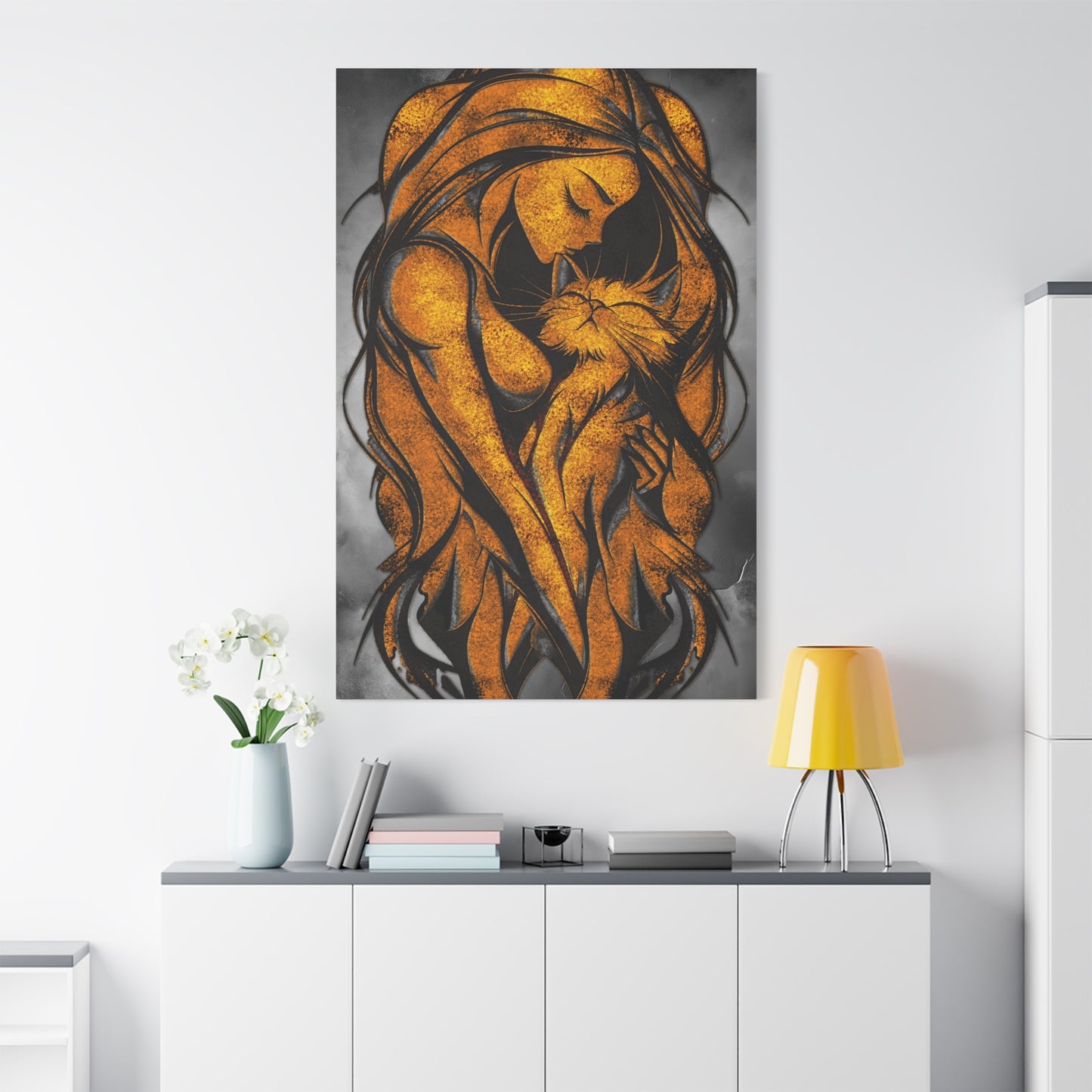 A Vertical Canvas Wall Print, Golden Woman Hugging Cat, Home Decor Wall Art, Matte Print, Stretched Canvas, Gift for Cat Lovers, Wall Decor.