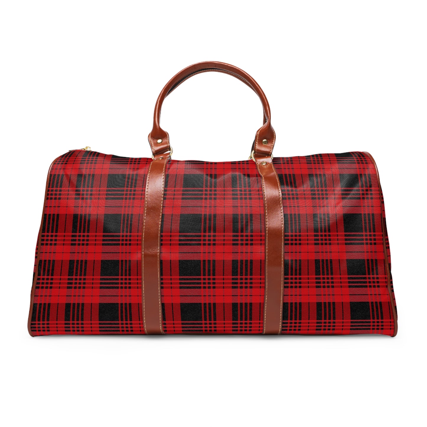 A Custom Plaid Waterproof Travel Bag - Black and Red Plaid Design.