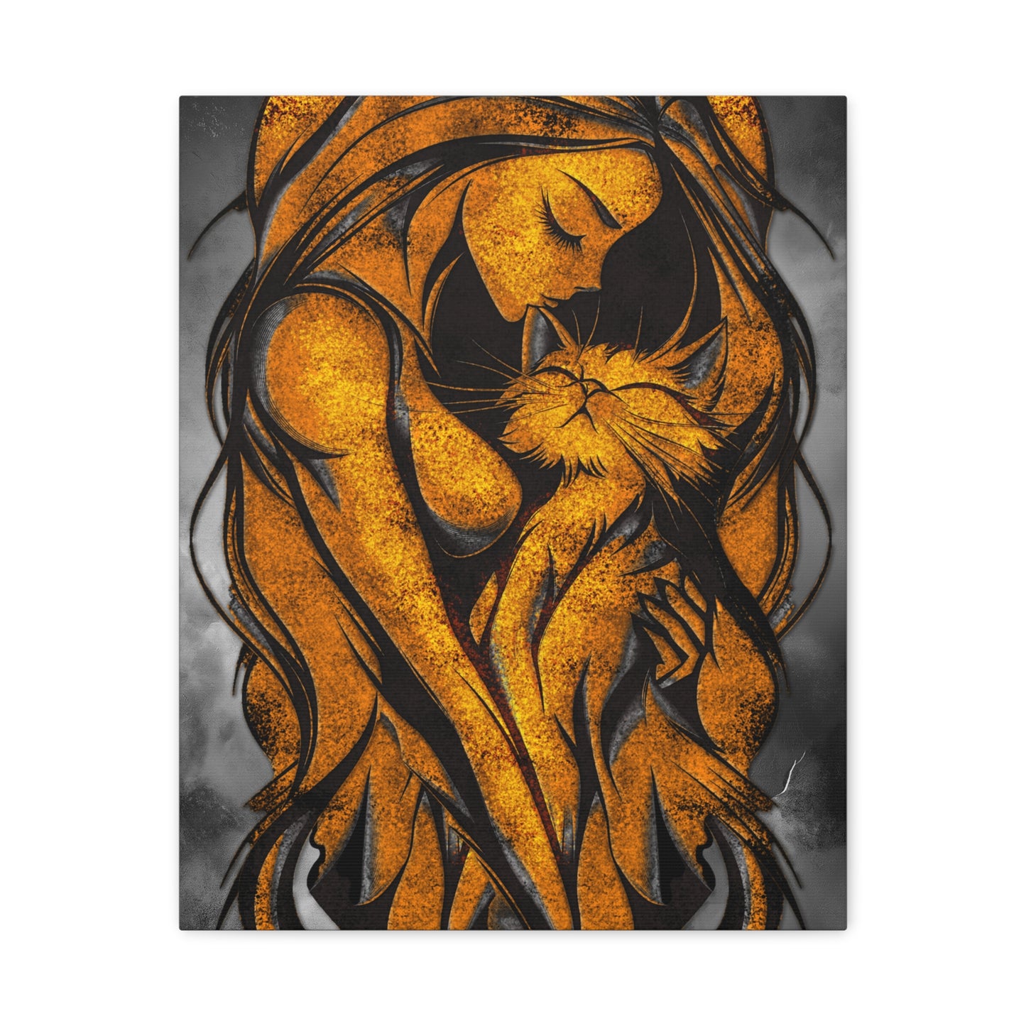 A Vertical Canvas Wall Print, Golden Woman Hugging Cat, Home Decor Wall Art, Matte Print, Stretched Canvas, Gift for Cat Lovers, Wall Decor.