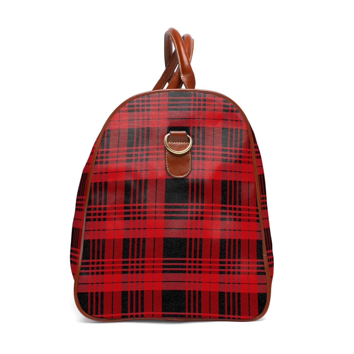A Custom Plaid Waterproof Travel Bag - Black and Red Plaid Design.