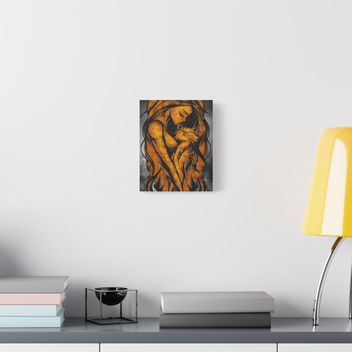 A Vertical Canvas Wall Print, Golden Woman Hugging Cat, Home Decor Wall Art, Matte Print, Stretched Canvas, Gift for Cat Lovers, Wall Decor.