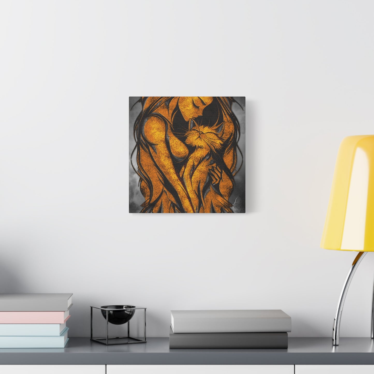 A Vertical Canvas Wall Print, Golden Woman Hugging Cat, Home Decor Wall Art, Matte Print, Stretched Canvas, Gift for Cat Lovers, Wall Decor.