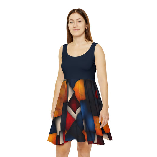 Square Art Women's Navy Skater Dress, Modern Design Clothing Apparel, Stylish A-Line Dress, Contemporary Fashion Outfit.