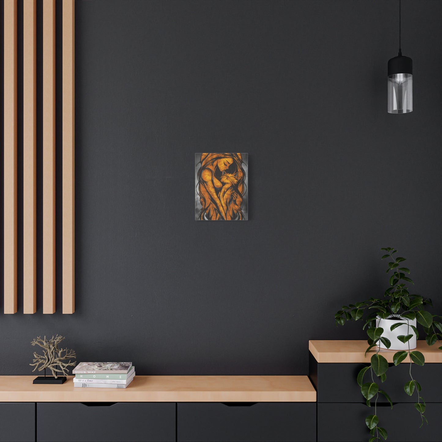 A Vertical Canvas Wall Print, Golden Woman Hugging Cat, Home Decor Wall Art, Matte Print, Stretched Canvas, Gift for Cat Lovers, Wall Decor.