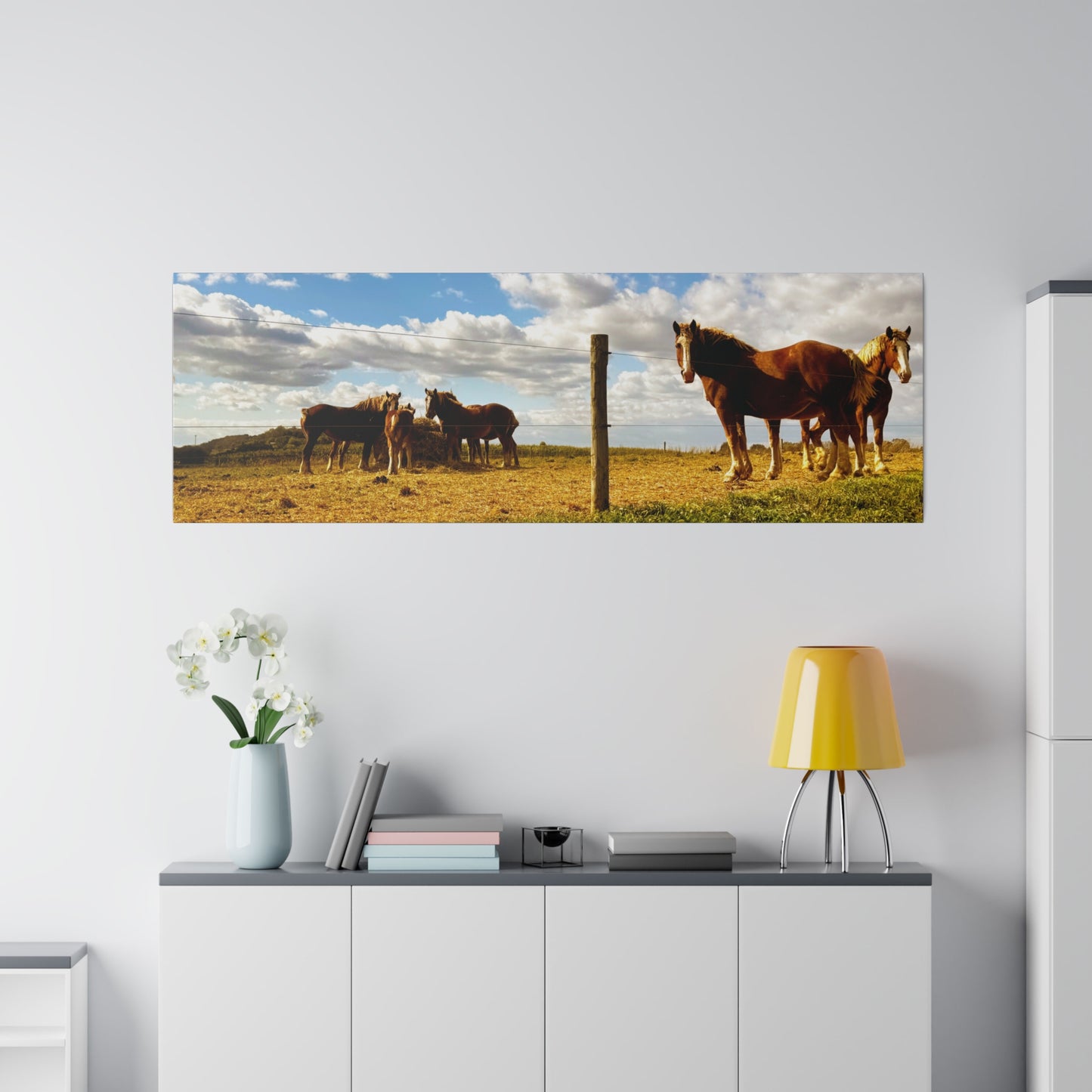A Horizontal Canvas Photo Print of - Horses in a Pennsylvania Dutch Field.