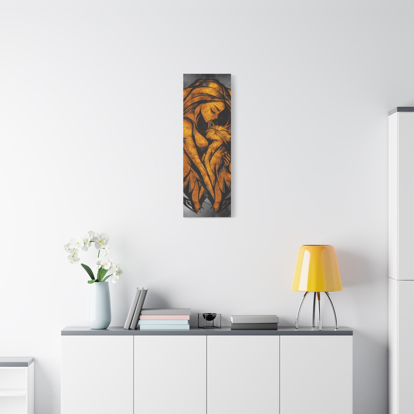 A Vertical Canvas Wall Print, Golden Woman Hugging Cat, Home Decor Wall Art, Matte Print, Stretched Canvas, Gift for Cat Lovers, Wall Decor.