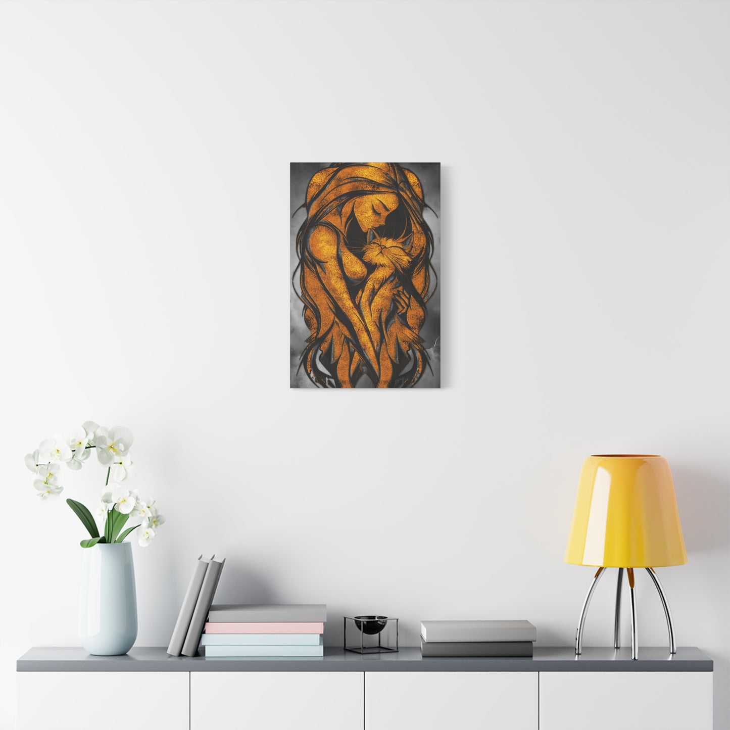 A Vertical Canvas Wall Print, Golden Woman Hugging Cat, Home Decor Wall Art, Matte Print, Stretched Canvas, Gift for Cat Lovers, Wall Decor.