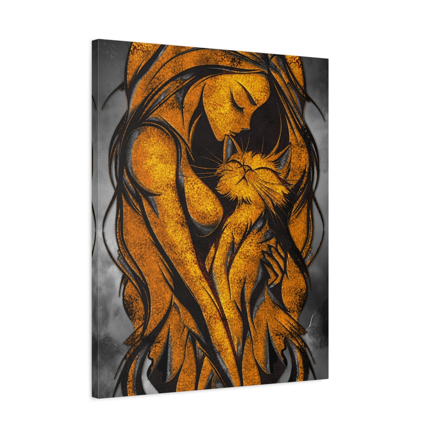 A Vertical Canvas Wall Print, Golden Woman Hugging Cat, Home Decor Wall Art, Matte Print, Stretched Canvas, Gift for Cat Lovers, Wall Decor.
