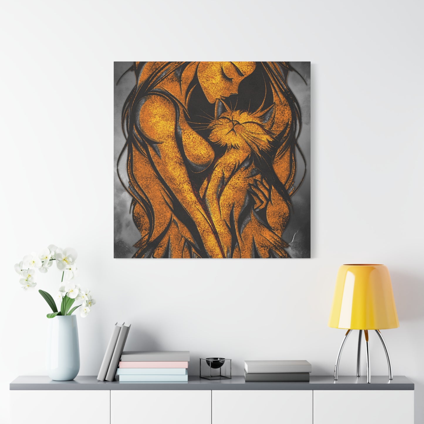 A Vertical Canvas Wall Print, Golden Woman Hugging Cat, Home Decor Wall Art, Matte Print, Stretched Canvas, Gift for Cat Lovers, Wall Decor.
