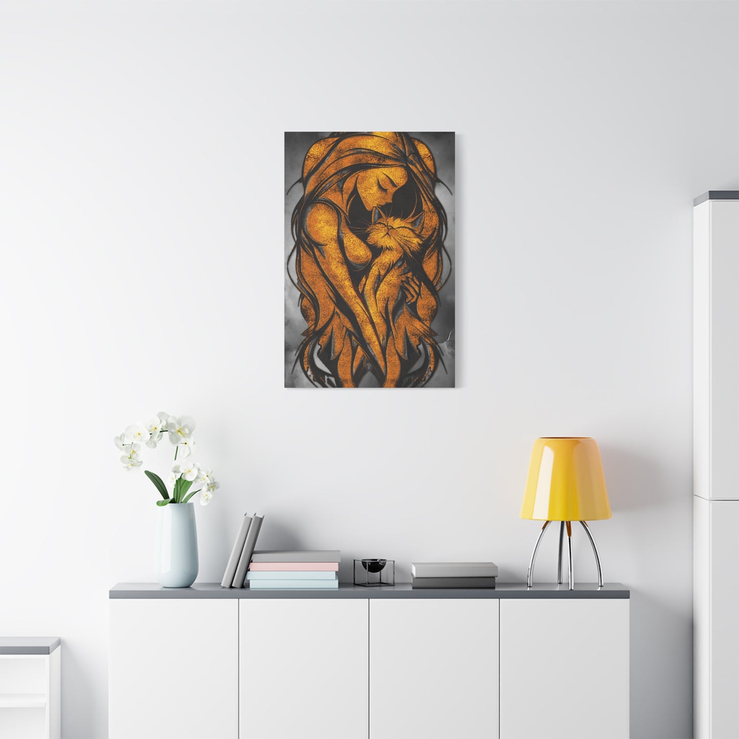 A Vertical Canvas Wall Print, Golden Woman Hugging Cat, Home Decor Wall Art, Matte Print, Stretched Canvas, Gift for Cat Lovers, Wall Decor.