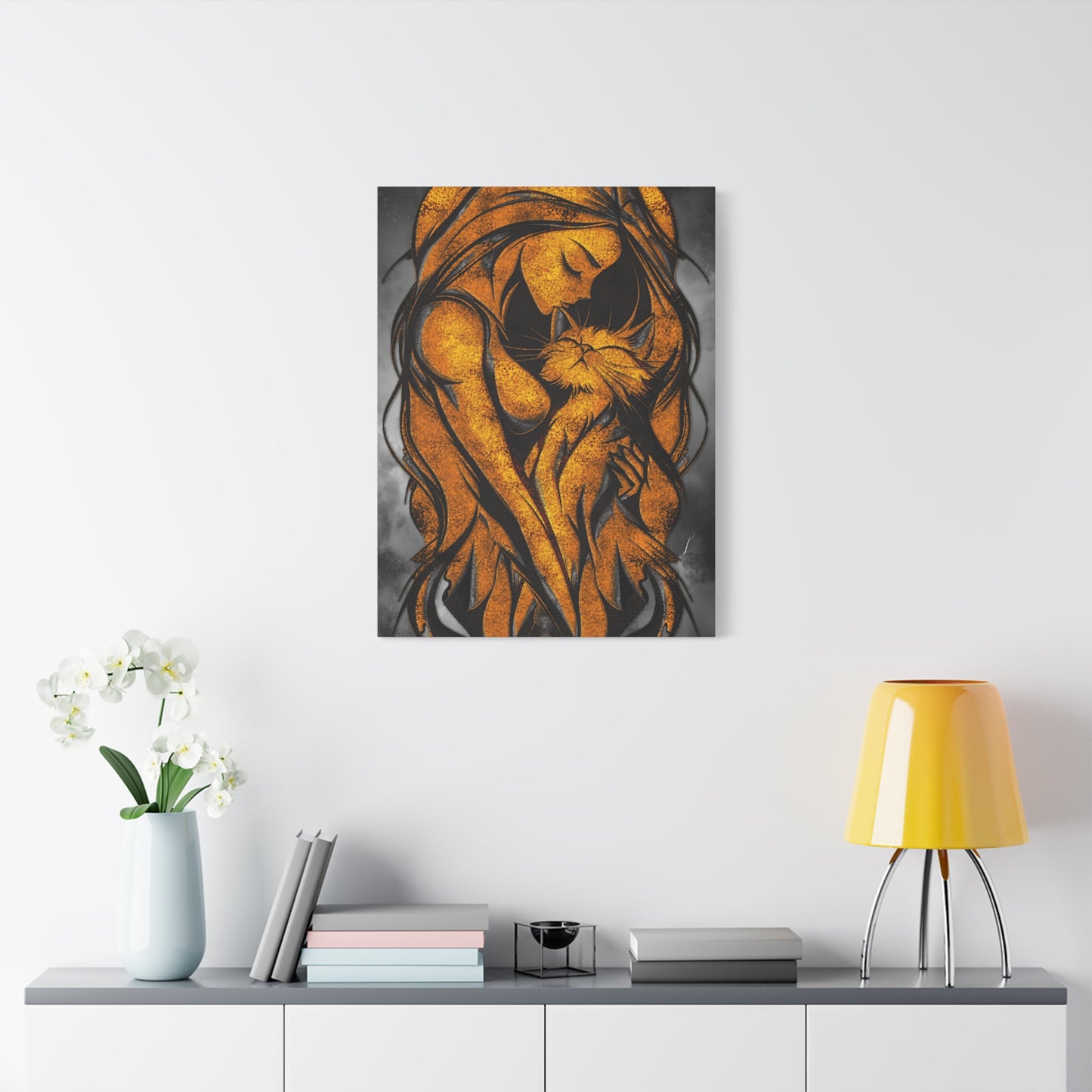 A Vertical Canvas Wall Print, Golden Woman Hugging Cat, Home Decor Wall Art, Matte Print, Stretched Canvas, Gift for Cat Lovers, Wall Decor.