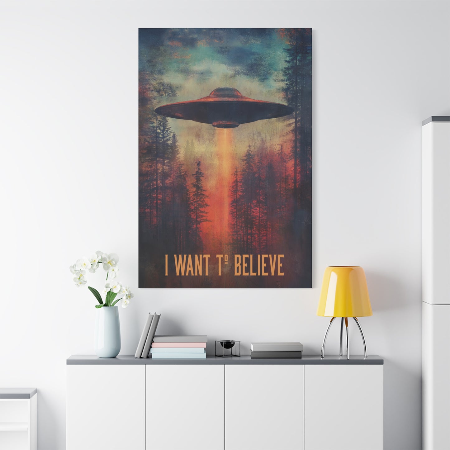A vertical Canvas Wall Print of - "I Want to Believe" Aliens Sci-Fi Design Theme