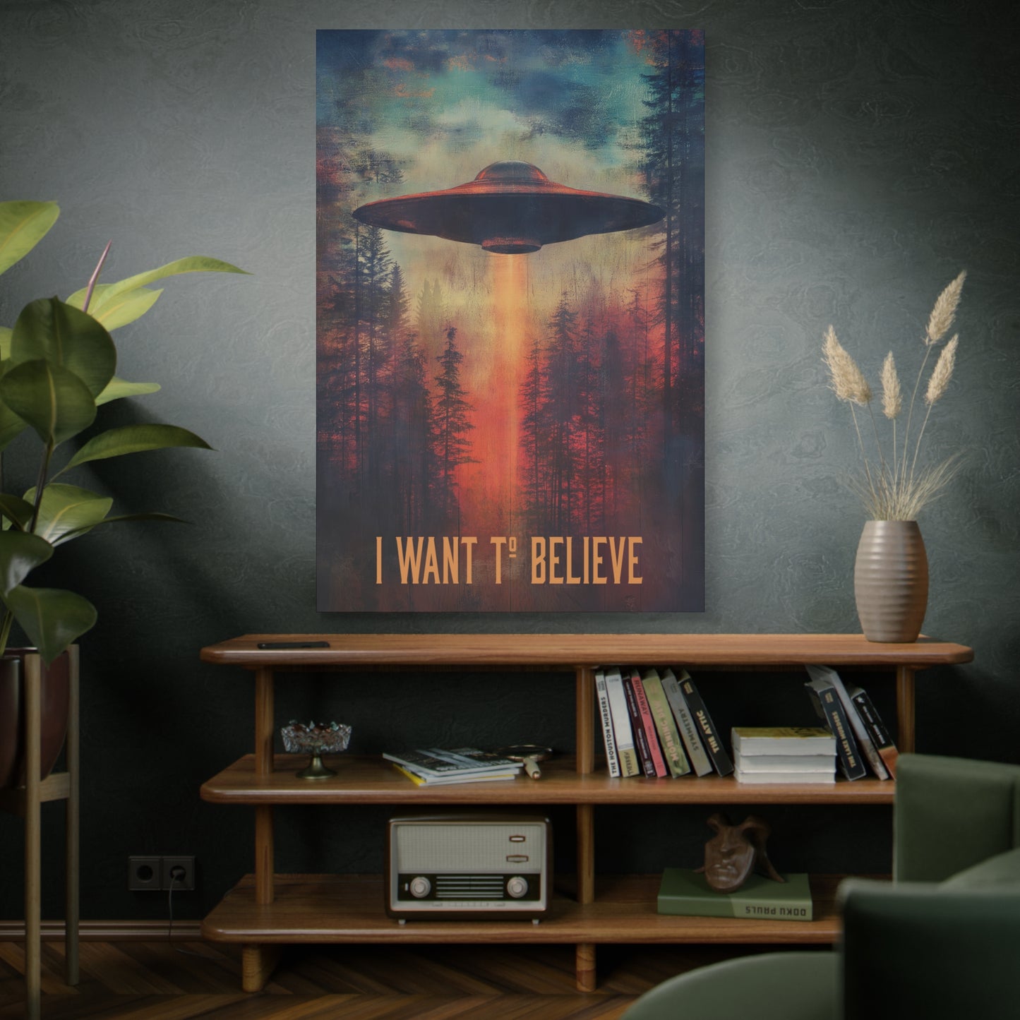 A vertical Canvas Wall Print of - "I Want to Believe" Aliens Sci-Fi Design Theme