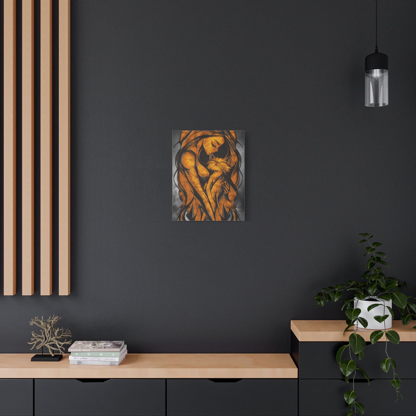 A Vertical Canvas Wall Print, Golden Woman Hugging Cat, Home Decor Wall Art, Matte Print, Stretched Canvas, Gift for Cat Lovers, Wall Decor.