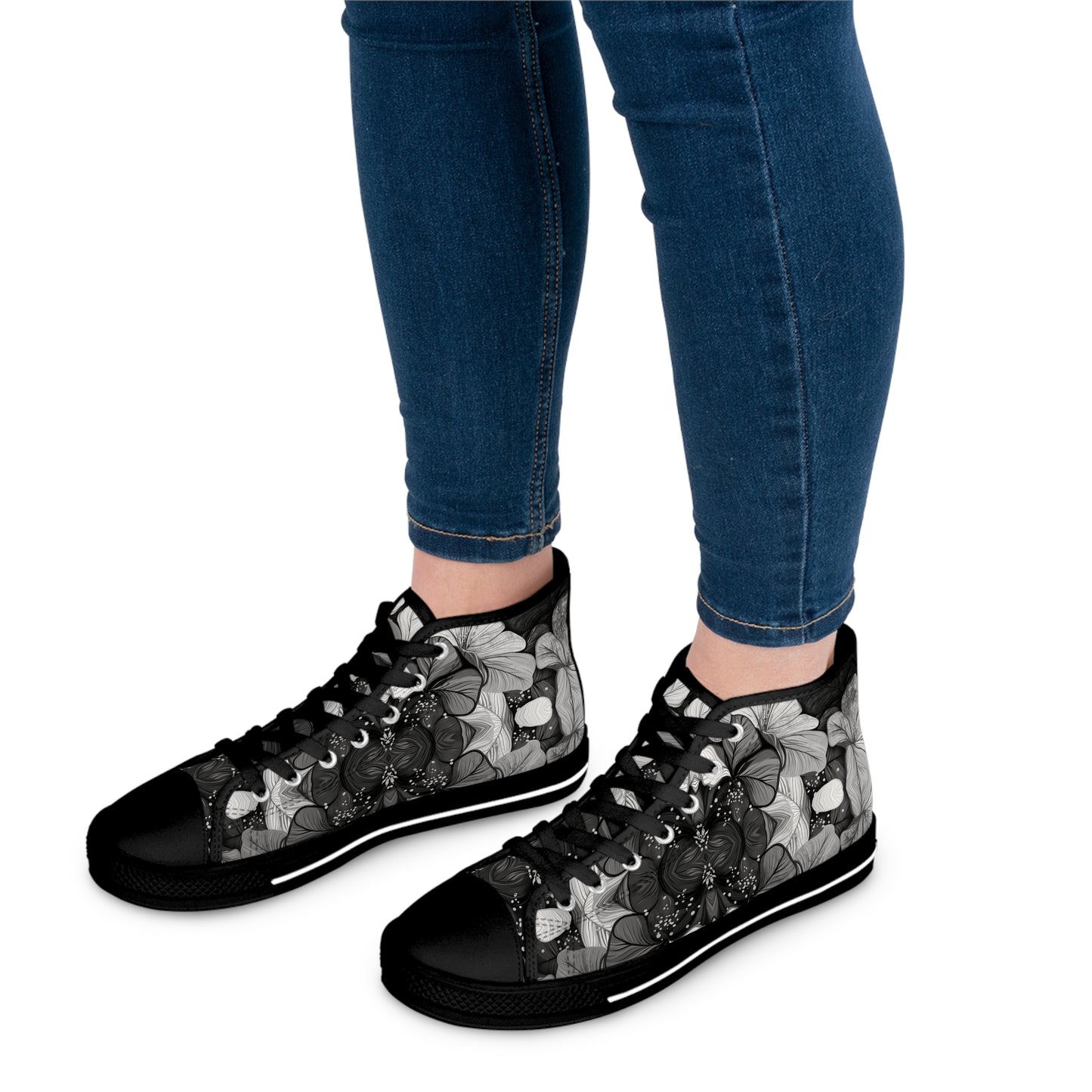 Stylish Women's Black and White Floral High-Top Sneakers.