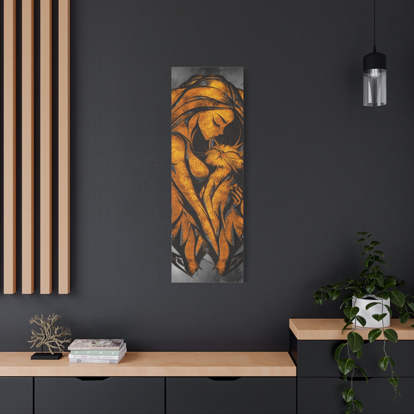 A Vertical Canvas Wall Print, Golden Woman Hugging Cat, Home Decor Wall Art, Matte Print, Stretched Canvas, Gift for Cat Lovers, Wall Decor.