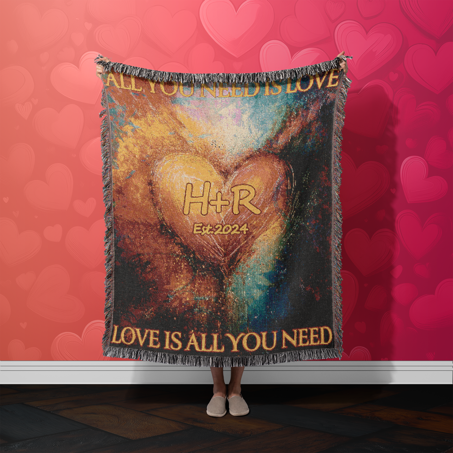 Personalized Valentines Woven Blanket, with the text All you need is love, Love is all you need. Love Blanket, Custom Valentines Gift.