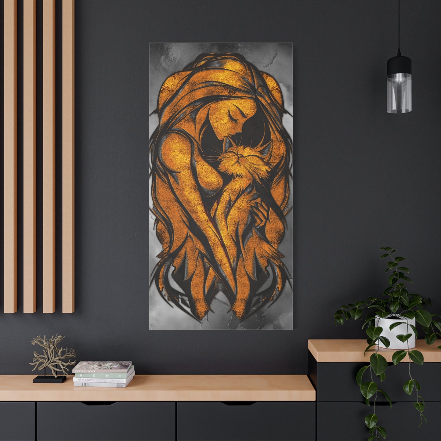 A Vertical Canvas Wall Print, Golden Woman Hugging Cat, Home Decor Wall Art, Matte Print, Stretched Canvas, Gift for Cat Lovers, Wall Decor.
