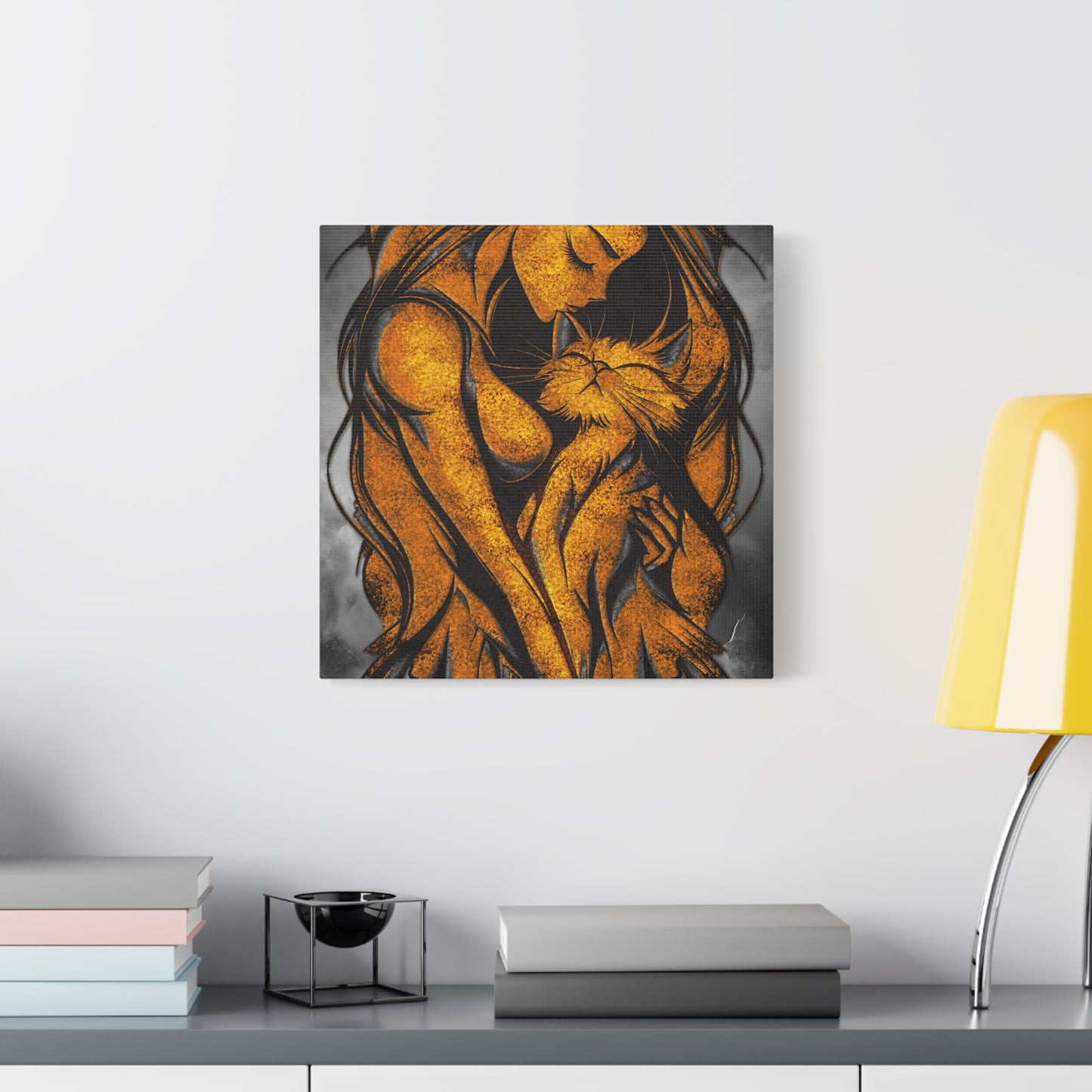 A Vertical Canvas Wall Print, Golden Woman Hugging Cat, Home Decor Wall Art, Matte Print, Stretched Canvas, Gift for Cat Lovers, Wall Decor.