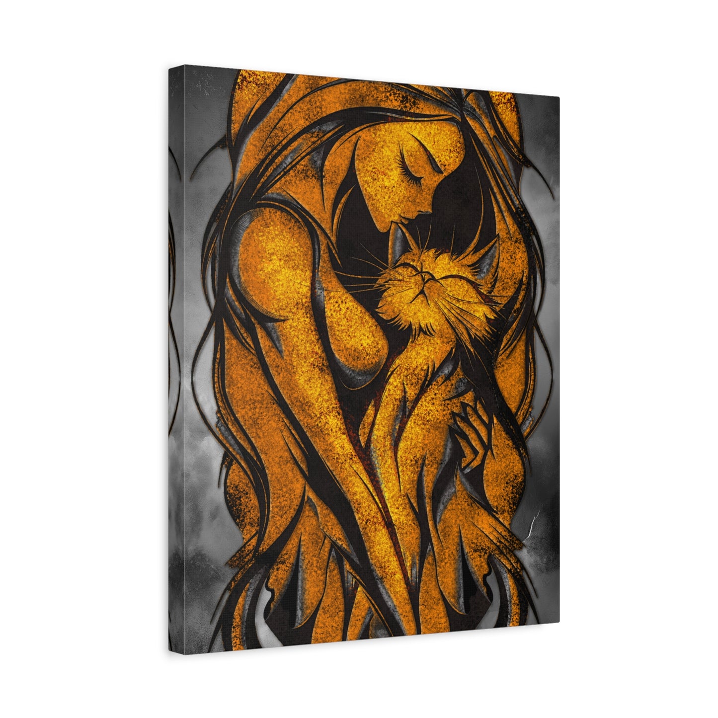 A Vertical Canvas Wall Print, Golden Woman Hugging Cat, Home Decor Wall Art, Matte Print, Stretched Canvas, Gift for Cat Lovers, Wall Decor.