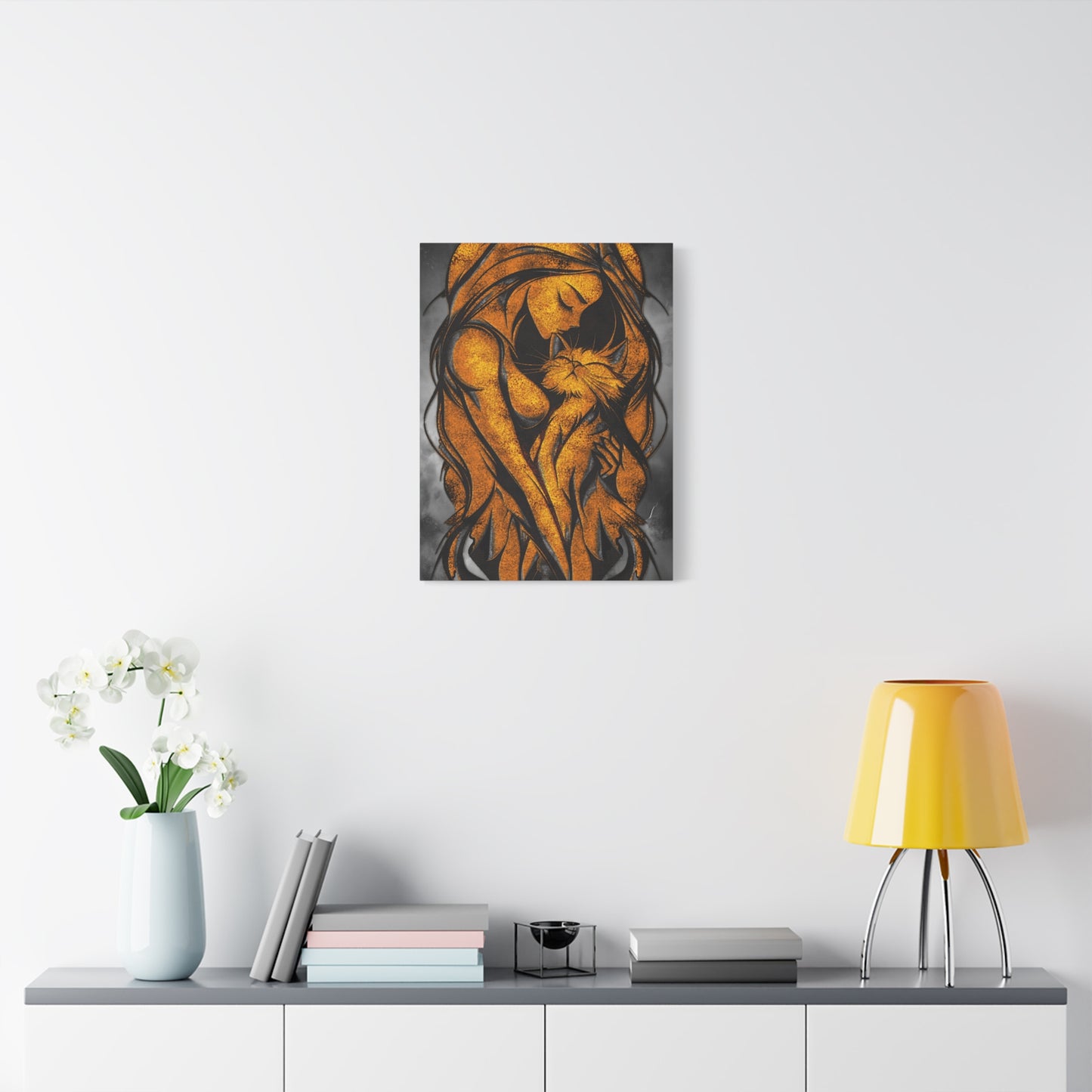 A Vertical Canvas Wall Print, Golden Woman Hugging Cat, Home Decor Wall Art, Matte Print, Stretched Canvas, Gift for Cat Lovers, Wall Decor.