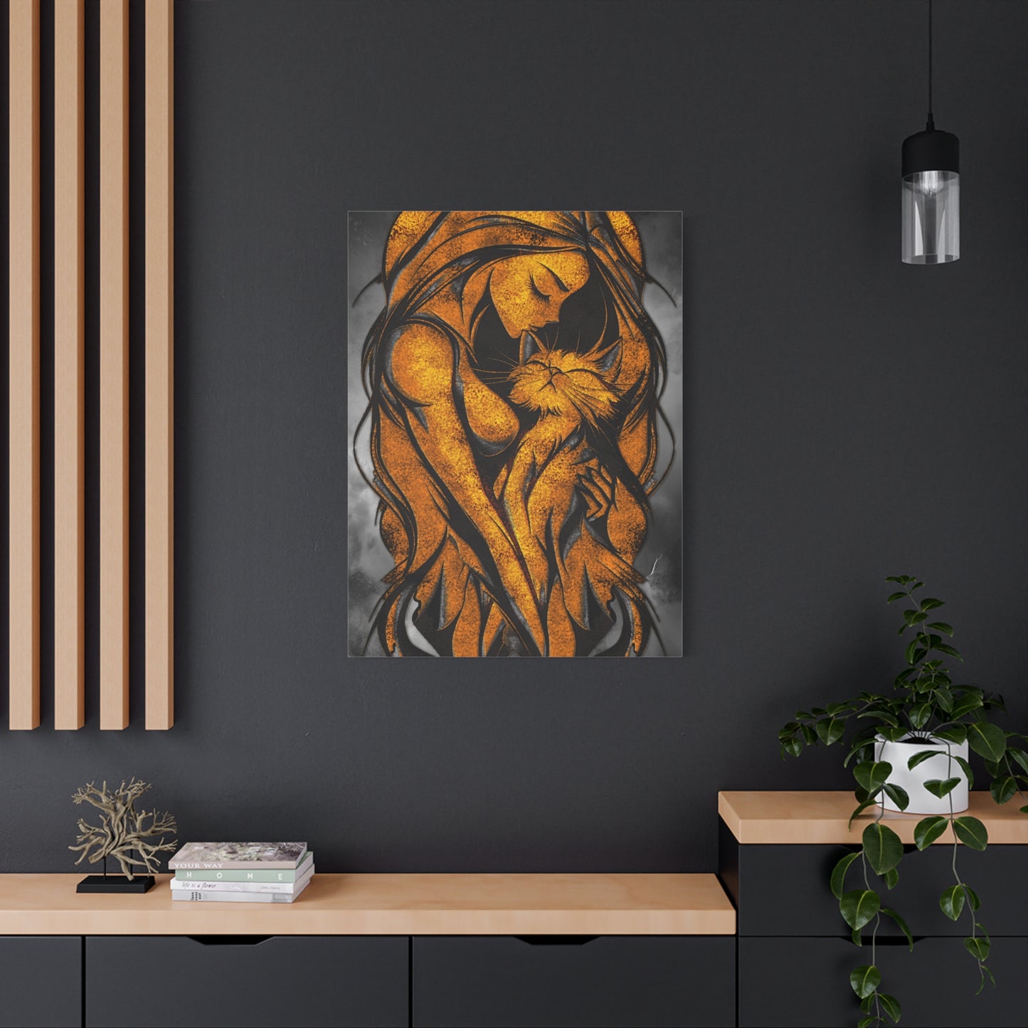 A Vertical Canvas Wall Print, Golden Woman Hugging Cat, Home Decor Wall Art, Matte Print, Stretched Canvas, Gift for Cat Lovers, Wall Decor.