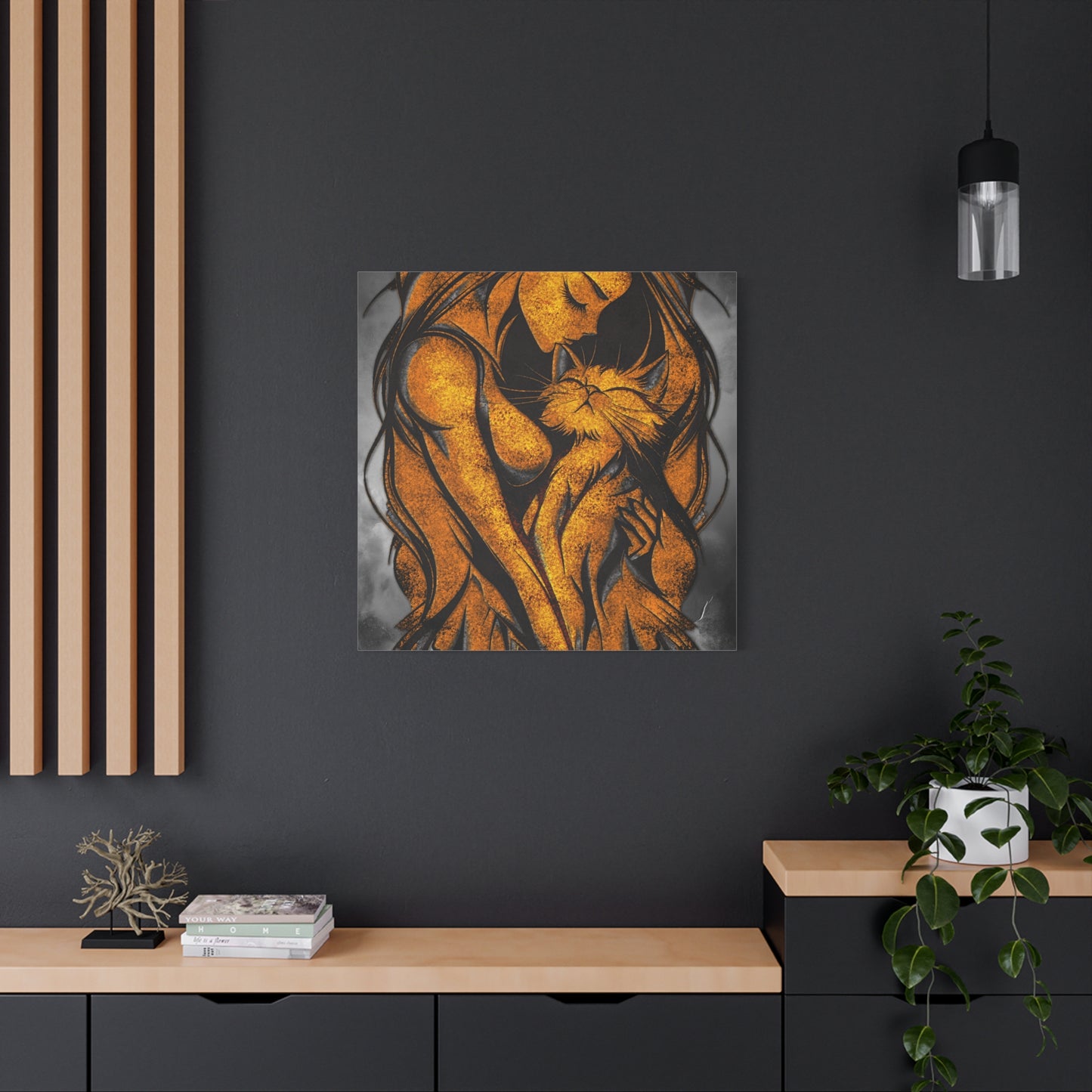 A Vertical Canvas Wall Print, Golden Woman Hugging Cat, Home Decor Wall Art, Matte Print, Stretched Canvas, Gift for Cat Lovers, Wall Decor.