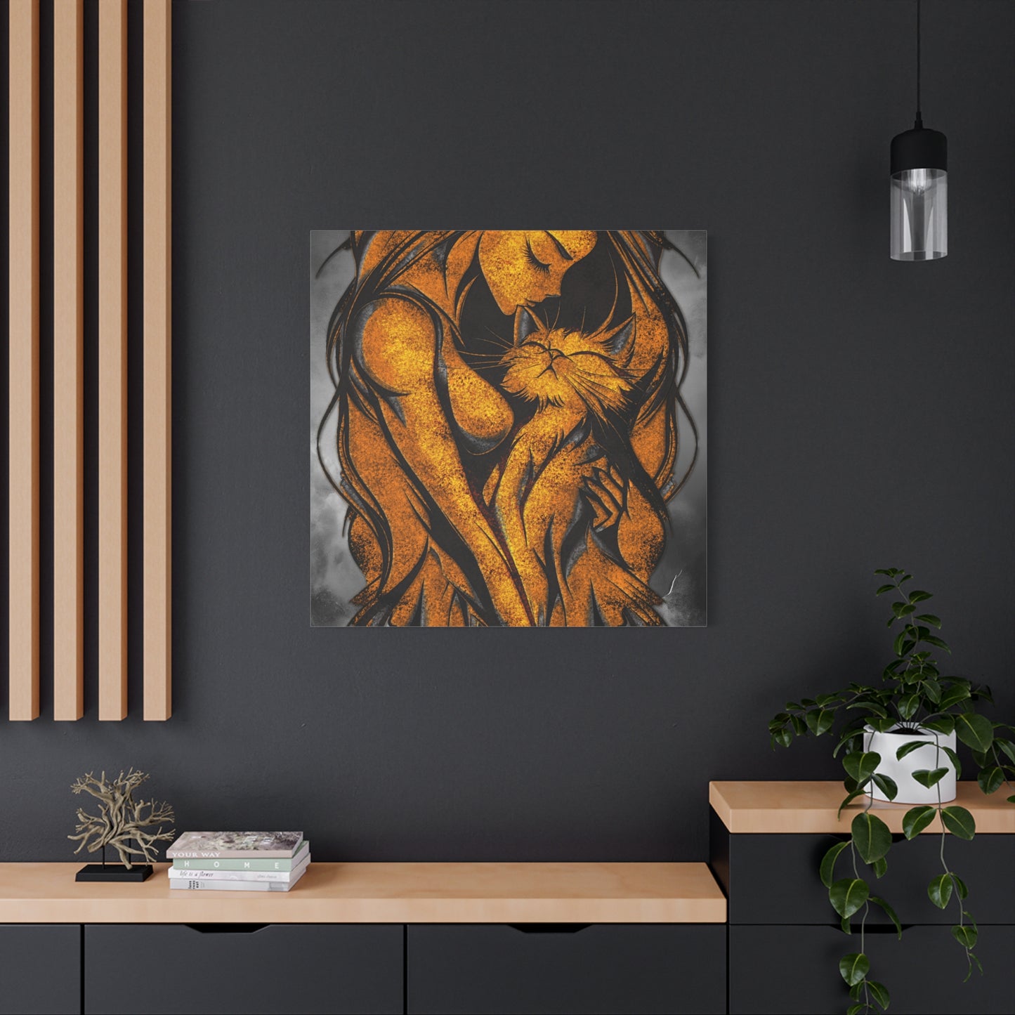 A Vertical Canvas Wall Print, Golden Woman Hugging Cat, Home Decor Wall Art, Matte Print, Stretched Canvas, Gift for Cat Lovers, Wall Decor.