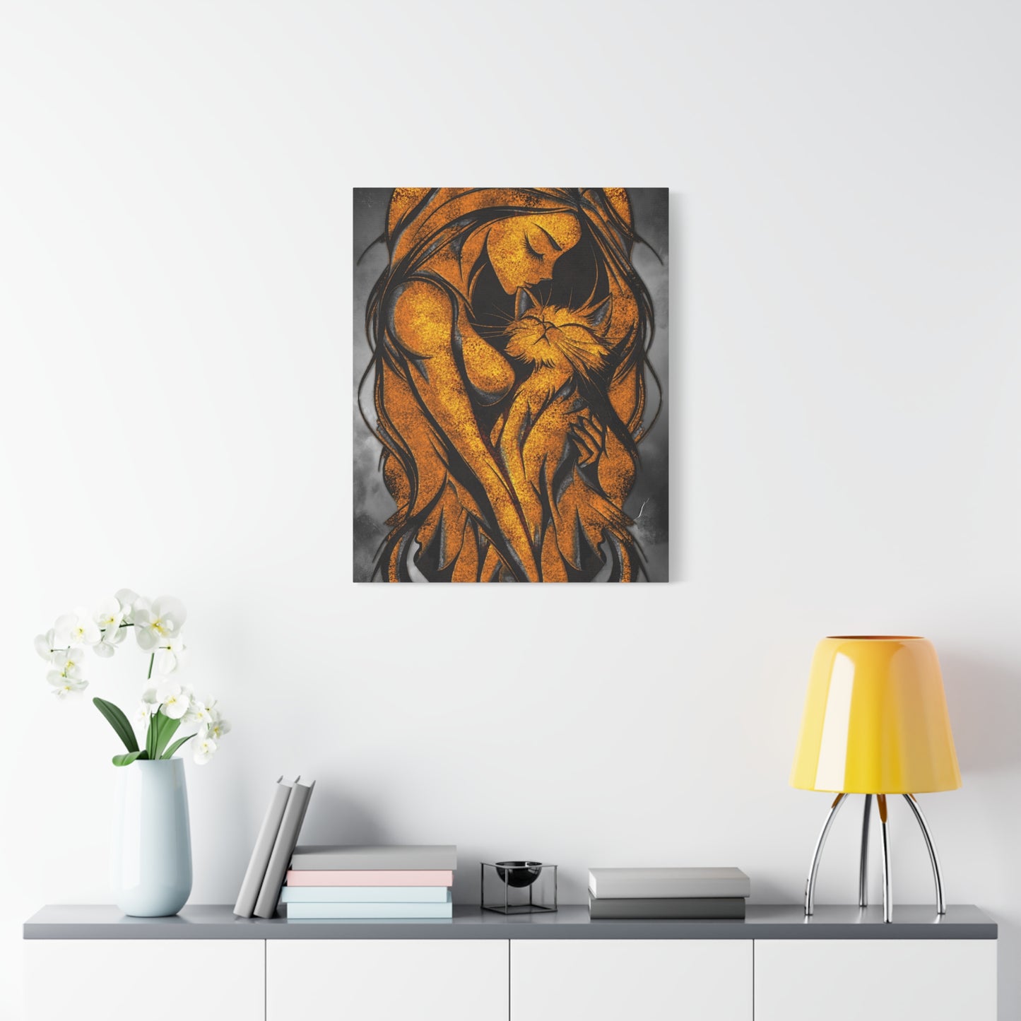 A Vertical Canvas Wall Print, Golden Woman Hugging Cat, Home Decor Wall Art, Matte Print, Stretched Canvas, Gift for Cat Lovers, Wall Decor.