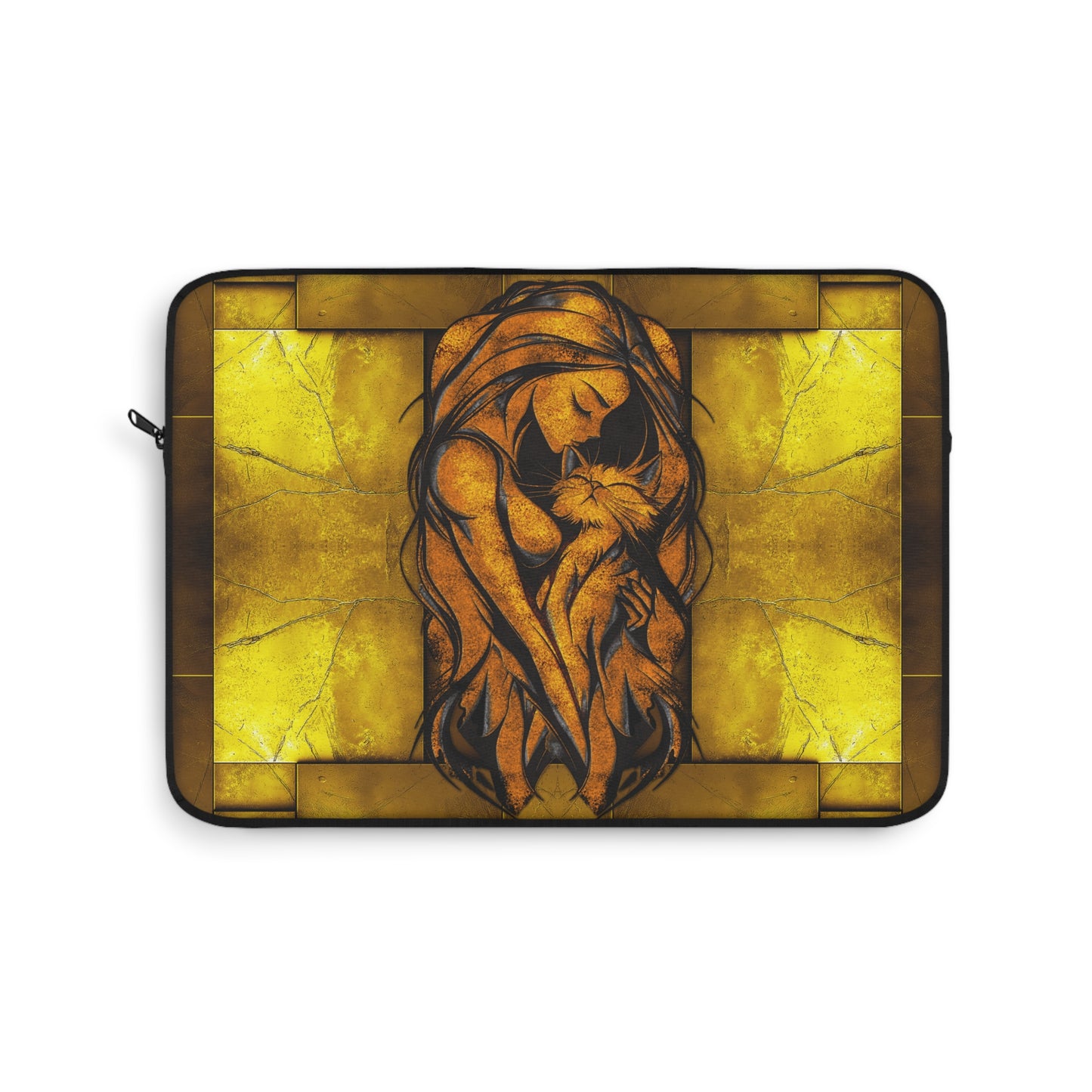 Golden Woman Hugging a Cat Laptop Sleeve - Stylish Tech Accessory, Protective Computer Cover, Cat Lover Gift, Cute Kitty Design, Fashionable