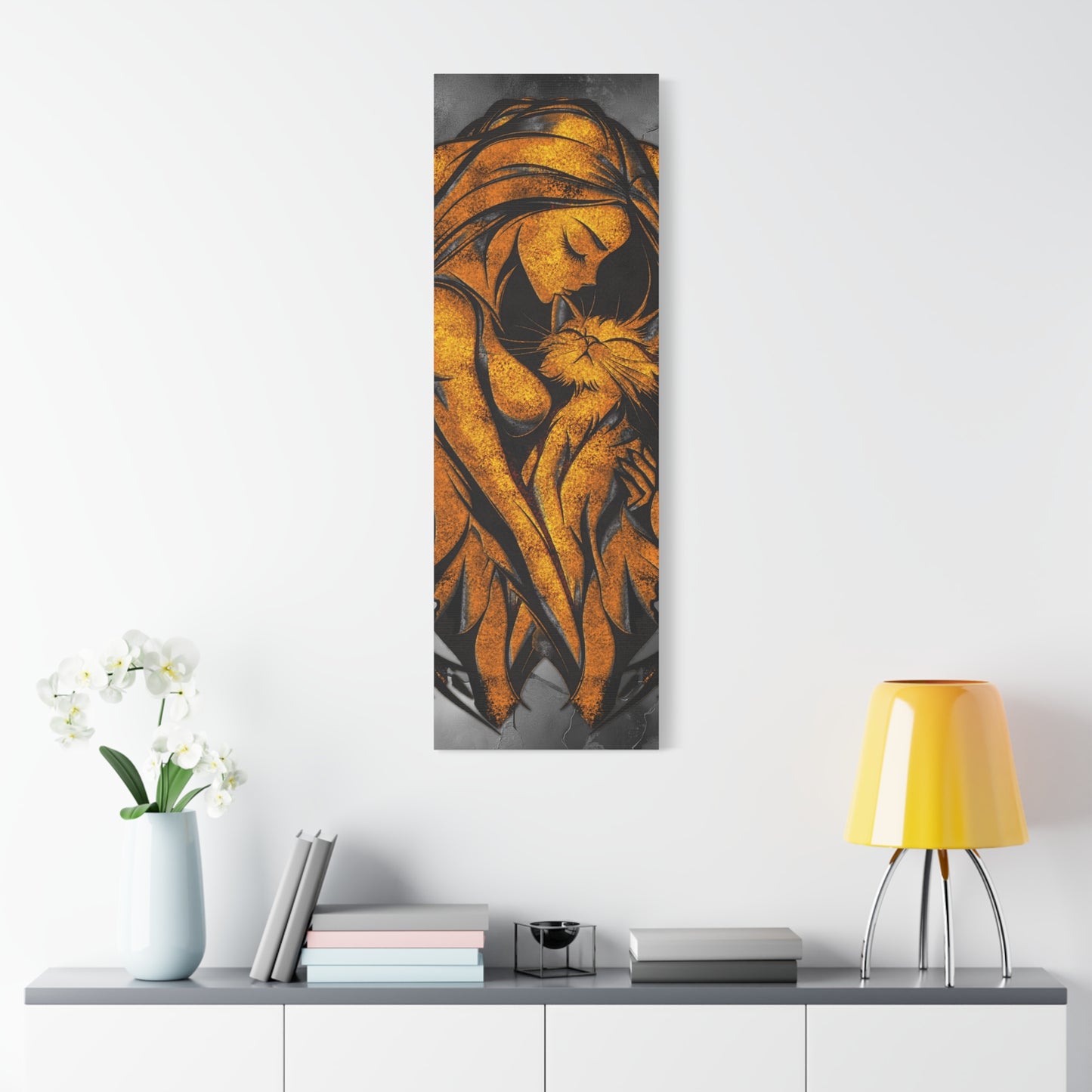 A Vertical Canvas Wall Print, Golden Woman Hugging Cat, Home Decor Wall Art, Matte Print, Stretched Canvas, Gift for Cat Lovers, Wall Decor.