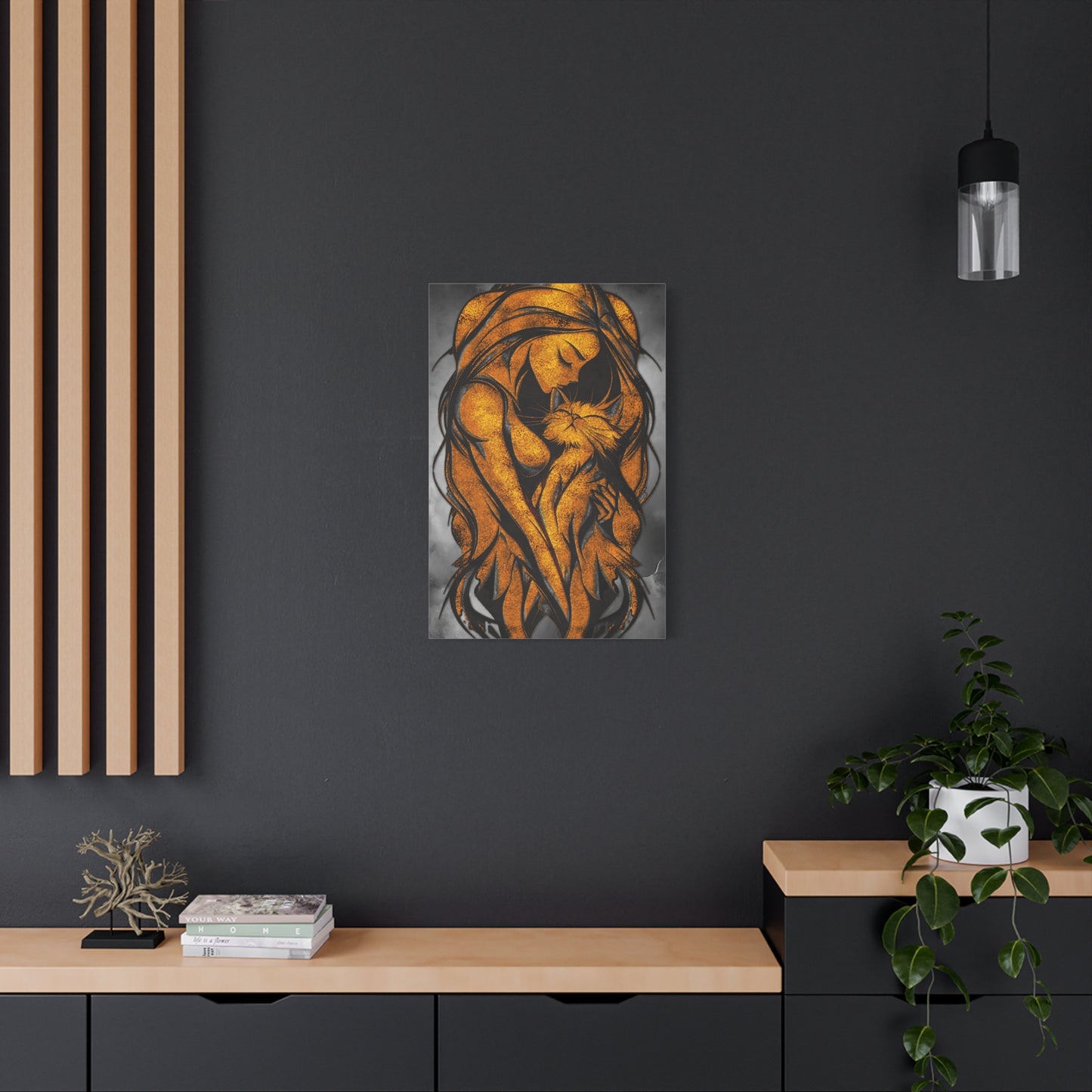 A Vertical Canvas Wall Print, Golden Woman Hugging Cat, Home Decor Wall Art, Matte Print, Stretched Canvas, Gift for Cat Lovers, Wall Decor.