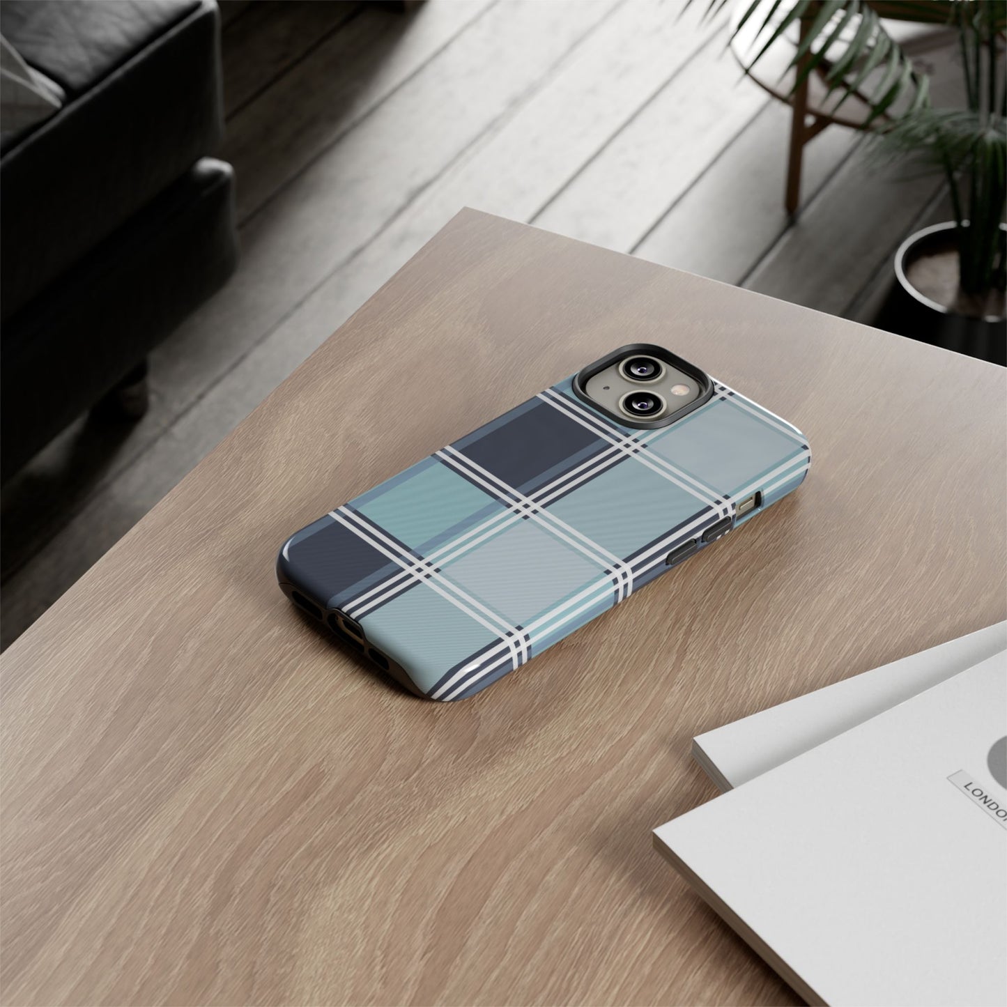 A Tough Phone Case of - A Blue Plaid Design.