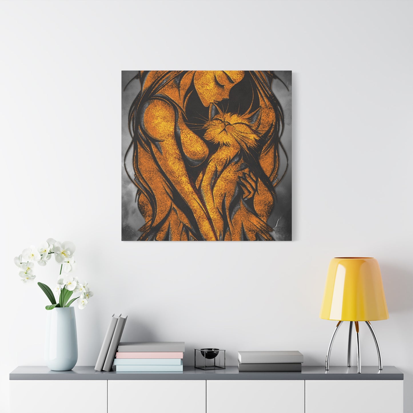 A Vertical Canvas Wall Print, Golden Woman Hugging Cat, Home Decor Wall Art, Matte Print, Stretched Canvas, Gift for Cat Lovers, Wall Decor.