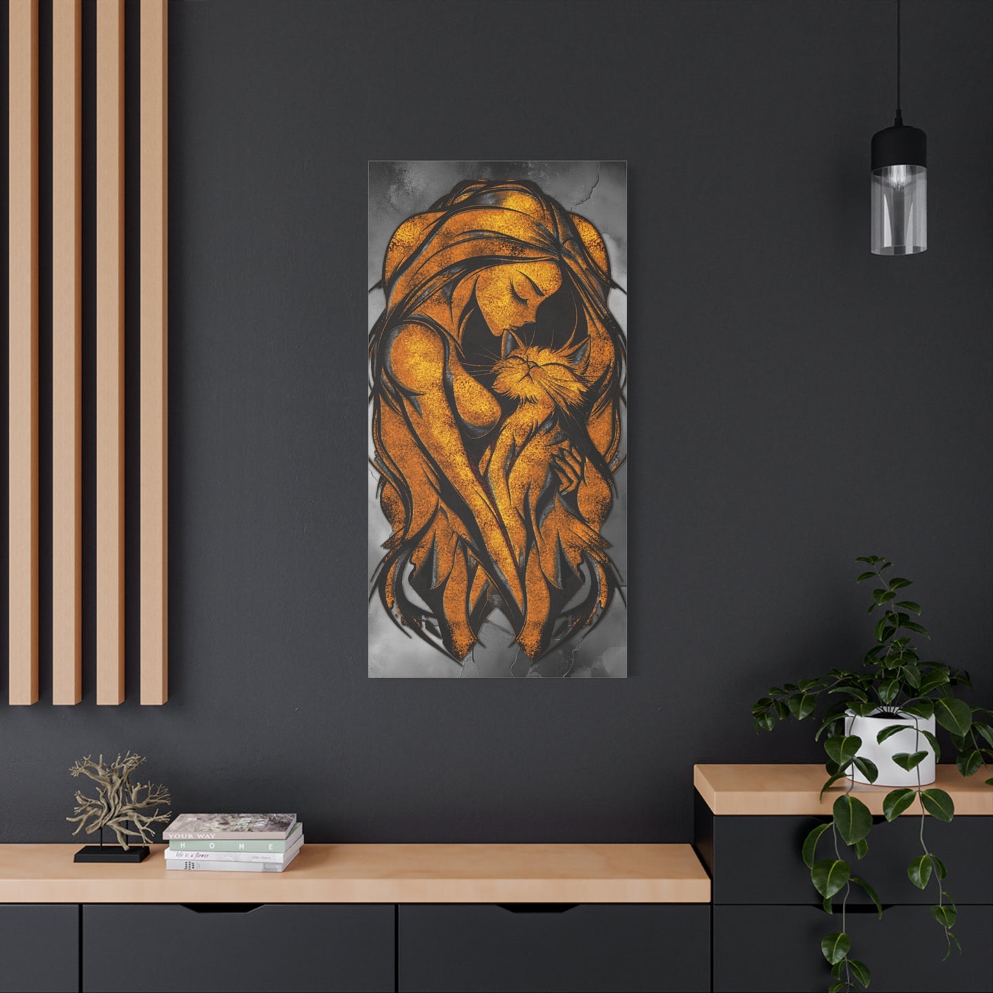 A Vertical Canvas Wall Print, Golden Woman Hugging Cat, Home Decor Wall Art, Matte Print, Stretched Canvas, Gift for Cat Lovers, Wall Decor.