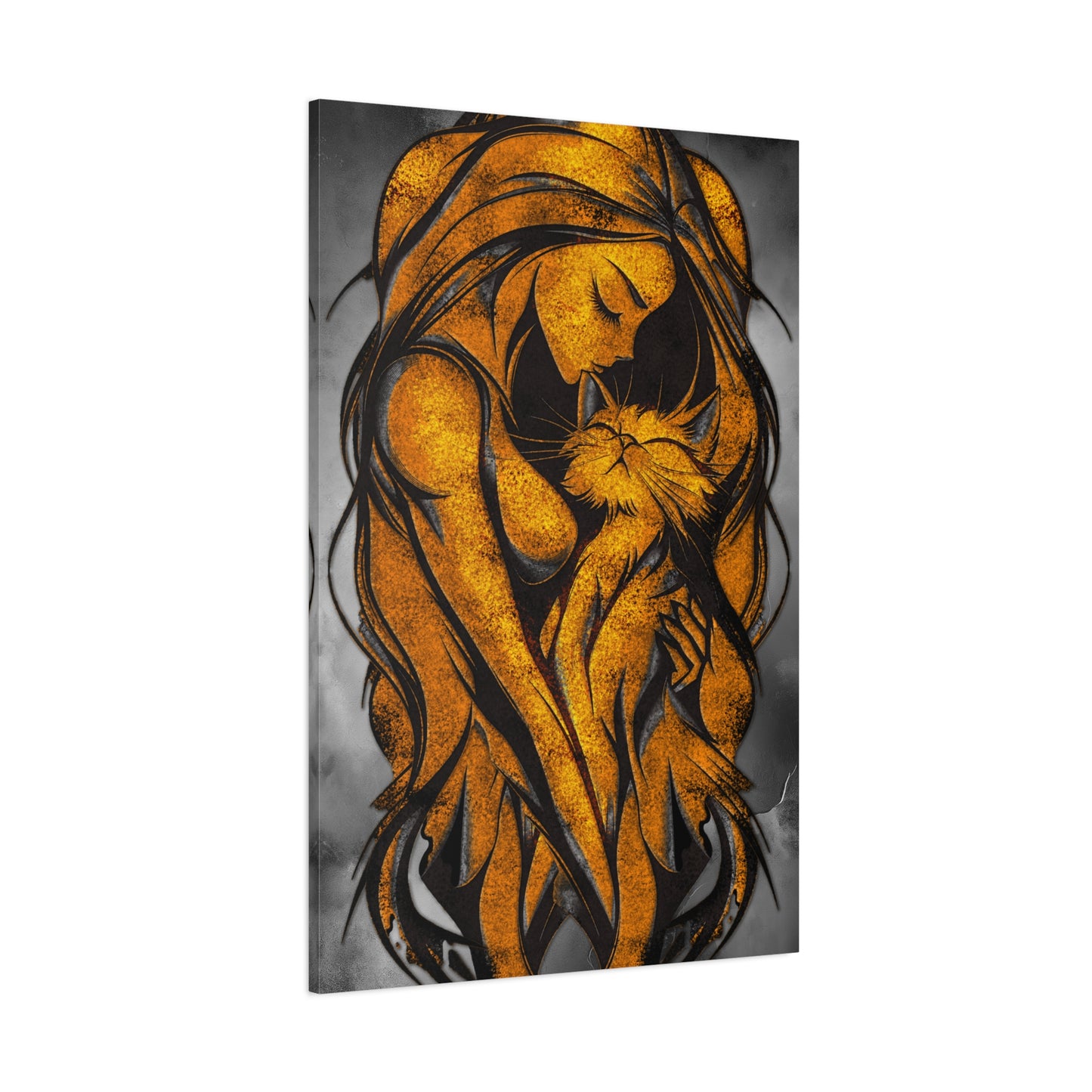 A Vertical Canvas Wall Print, Golden Woman Hugging Cat, Home Decor Wall Art, Matte Print, Stretched Canvas, Gift for Cat Lovers, Wall Decor.