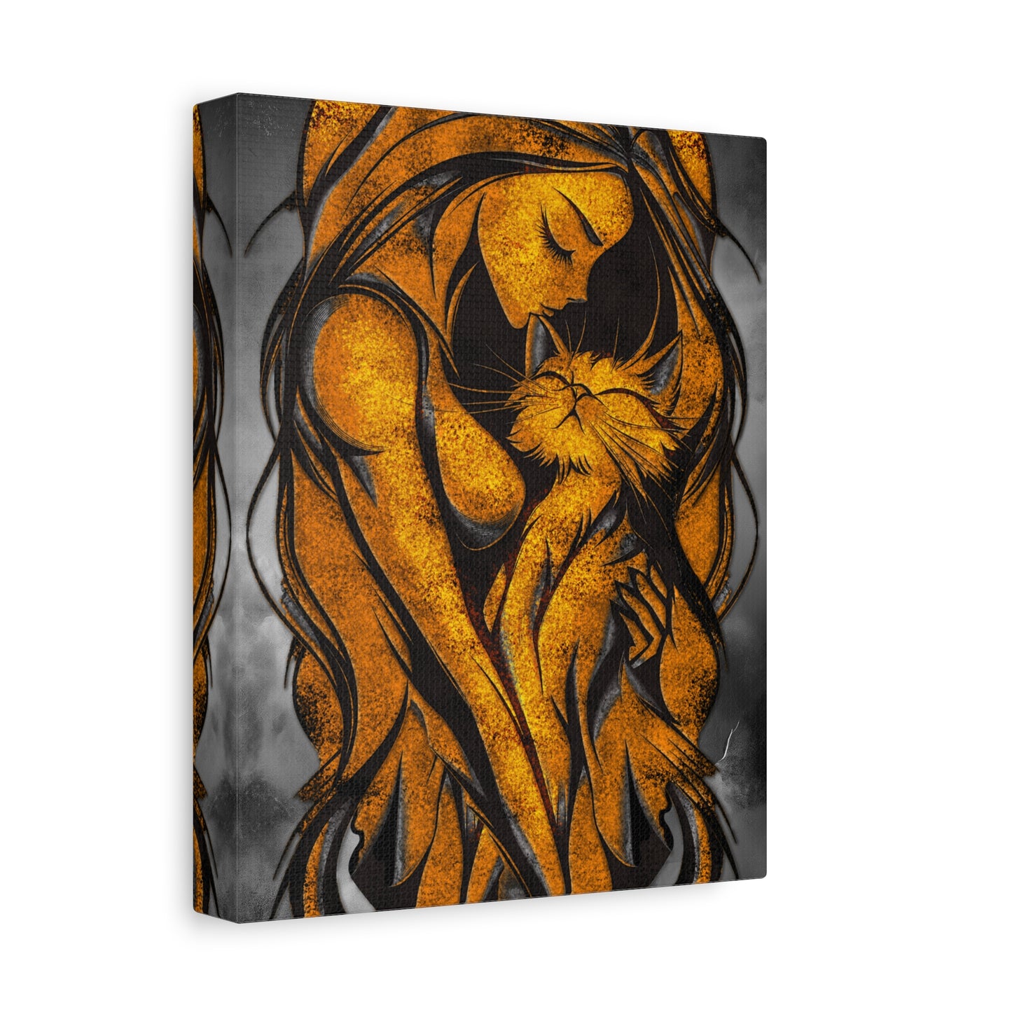 A Vertical Canvas Wall Print, Golden Woman Hugging Cat, Home Decor Wall Art, Matte Print, Stretched Canvas, Gift for Cat Lovers, Wall Decor.