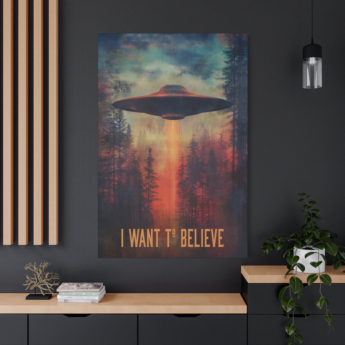 A vertical Canvas Wall Print of - "I Want to Believe" Aliens Sci-Fi Design Theme
