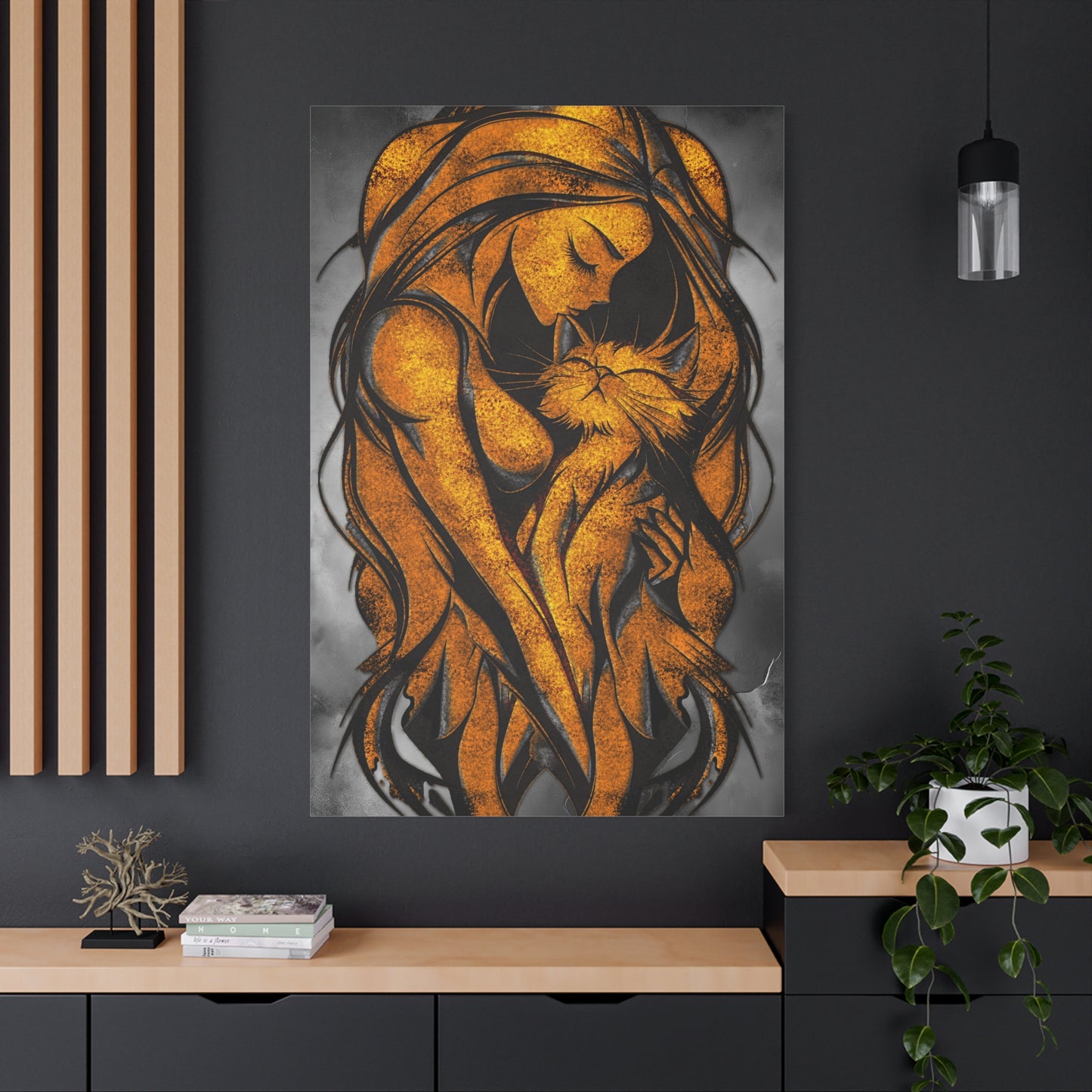 A Vertical Canvas Wall Print, Golden Woman Hugging Cat, Home Decor Wall Art, Matte Print, Stretched Canvas, Gift for Cat Lovers, Wall Decor.