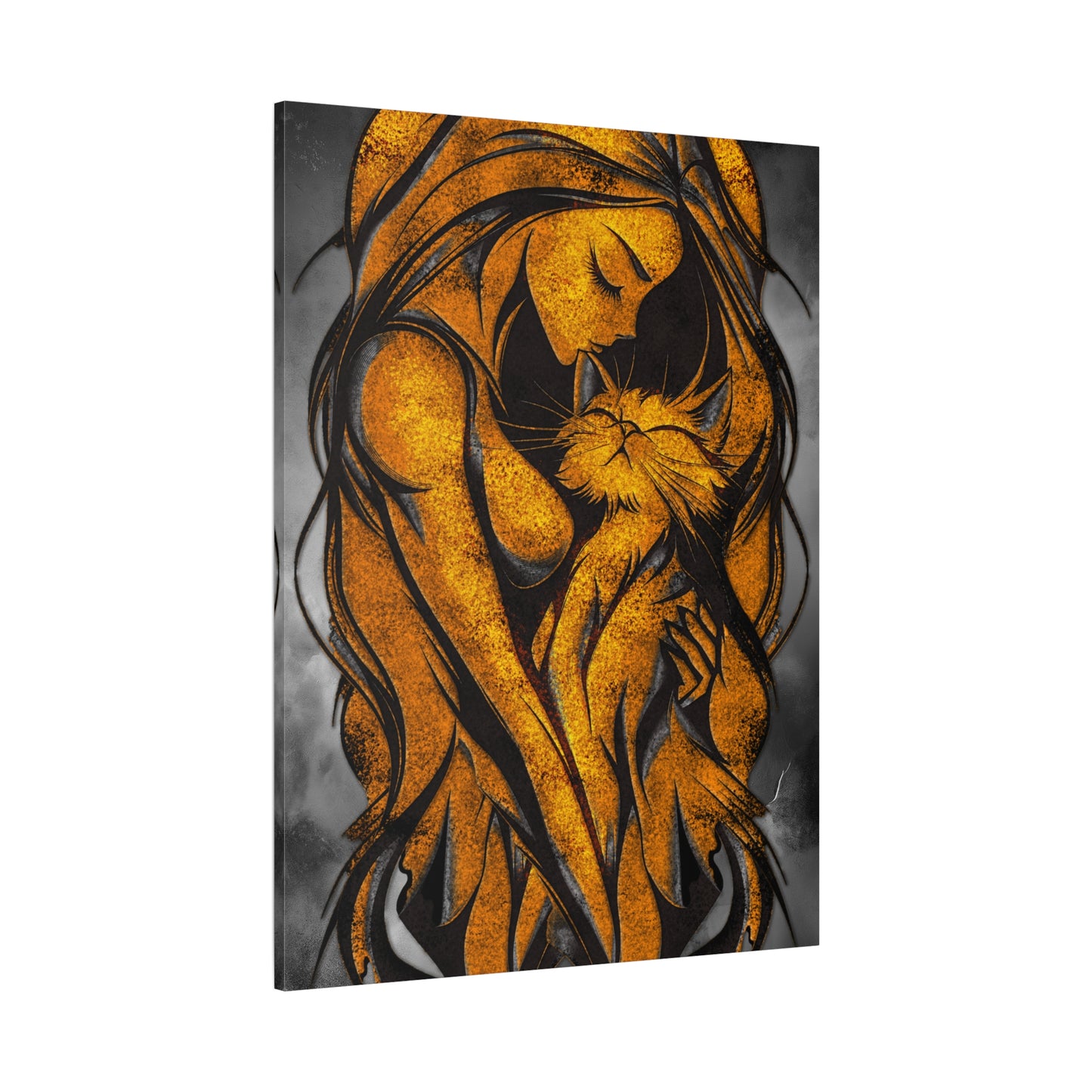 A Vertical Canvas Wall Print, Golden Woman Hugging Cat, Home Decor Wall Art, Matte Print, Stretched Canvas, Gift for Cat Lovers, Wall Decor.