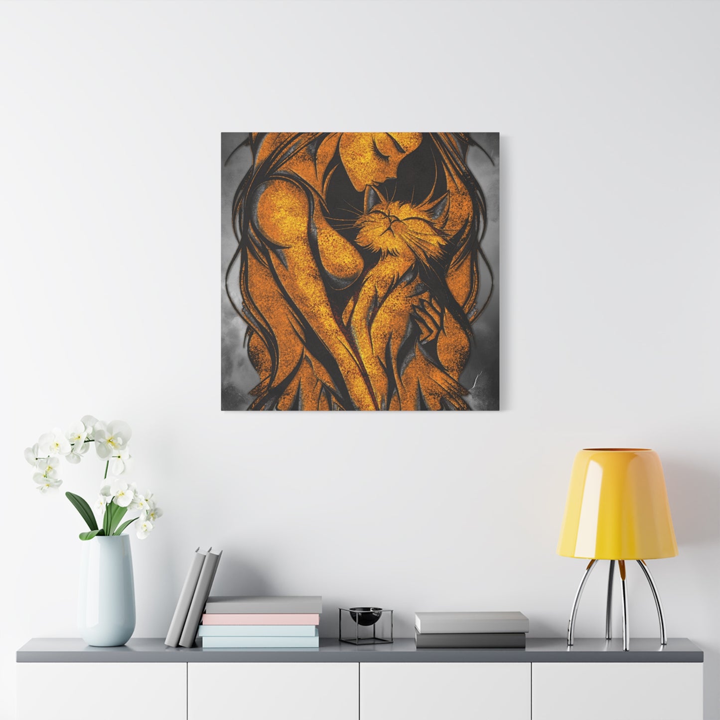 A Vertical Canvas Wall Print, Golden Woman Hugging Cat, Home Decor Wall Art, Matte Print, Stretched Canvas, Gift for Cat Lovers, Wall Decor.