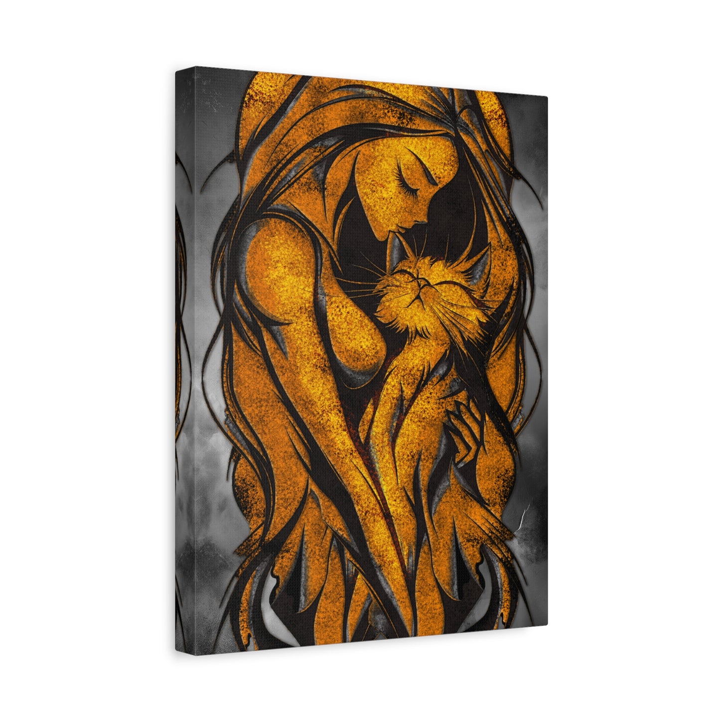 A Vertical Canvas Wall Print, Golden Woman Hugging Cat, Home Decor Wall Art, Matte Print, Stretched Canvas, Gift for Cat Lovers, Wall Decor.