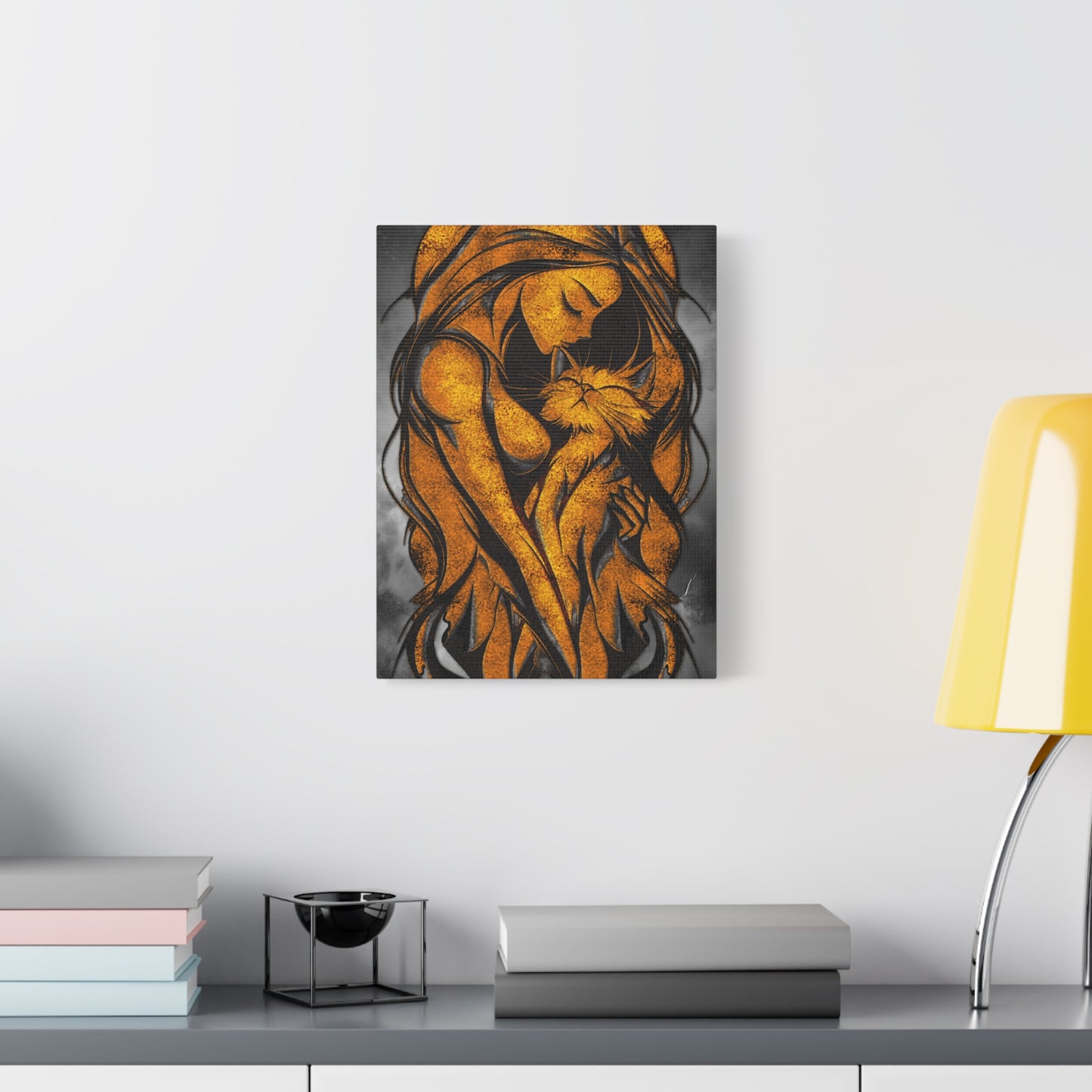 A Vertical Canvas Wall Print, Golden Woman Hugging Cat, Home Decor Wall Art, Matte Print, Stretched Canvas, Gift for Cat Lovers, Wall Decor.