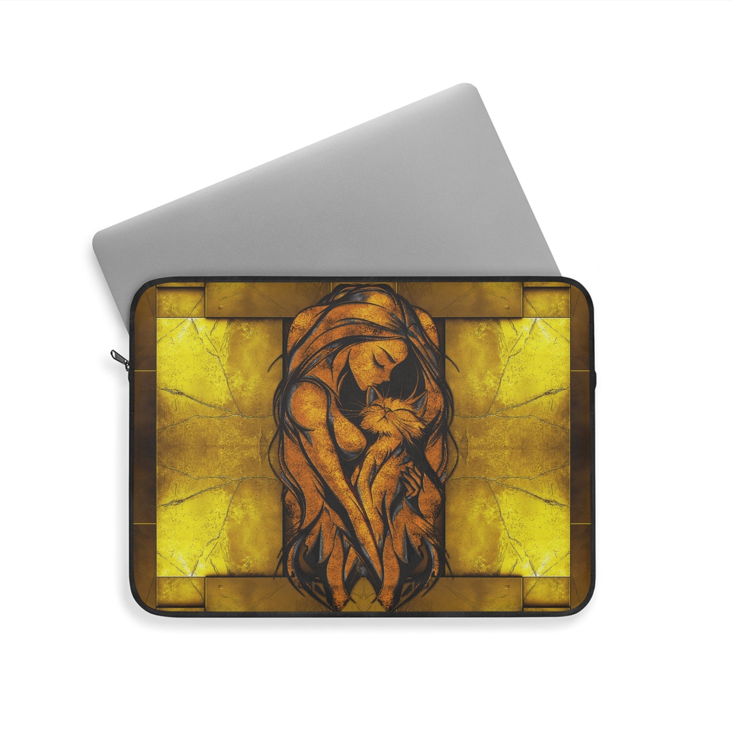 Golden Woman Hugging a Cat Laptop Sleeve - Stylish Tech Accessory, Protective Computer Cover, Cat Lover Gift, Cute Kitty Design, Fashionable
