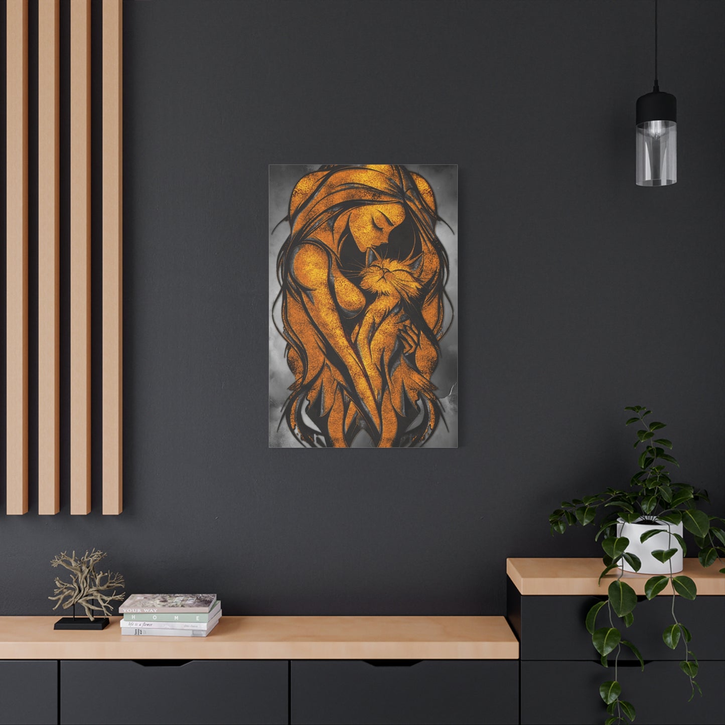 A Vertical Canvas Wall Print, Golden Woman Hugging Cat, Home Decor Wall Art, Matte Print, Stretched Canvas, Gift for Cat Lovers, Wall Decor.