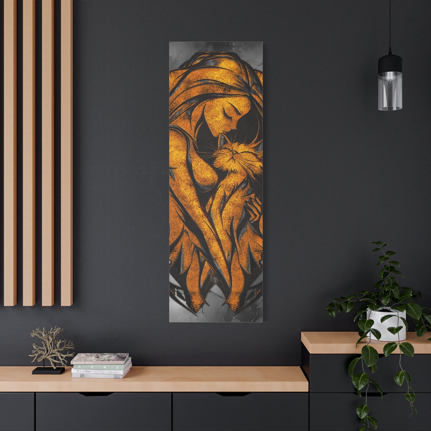 A Vertical Canvas Wall Print, Golden Woman Hugging Cat, Home Decor Wall Art, Matte Print, Stretched Canvas, Gift for Cat Lovers, Wall Decor.