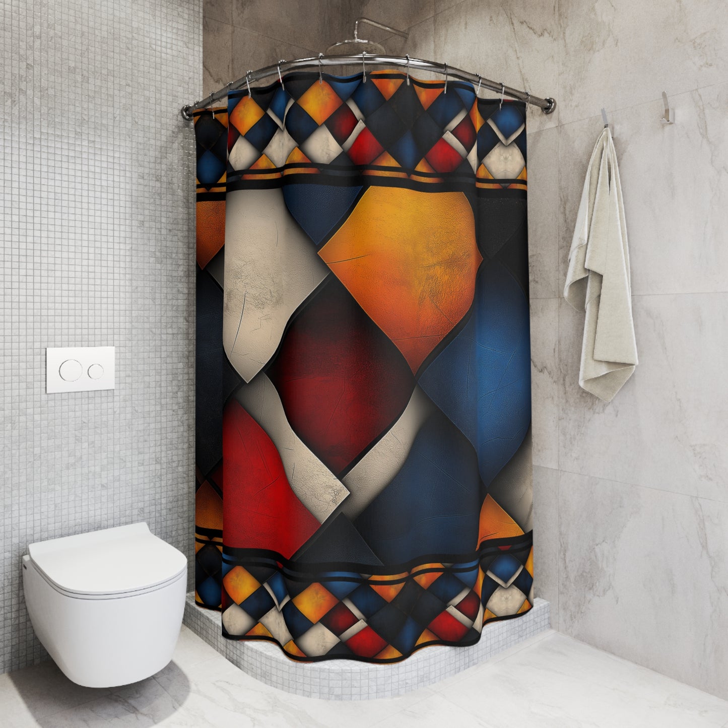 Square design Shower Curtains, Colorful Bathroom Decor, Unique Print Washroom Drapery.