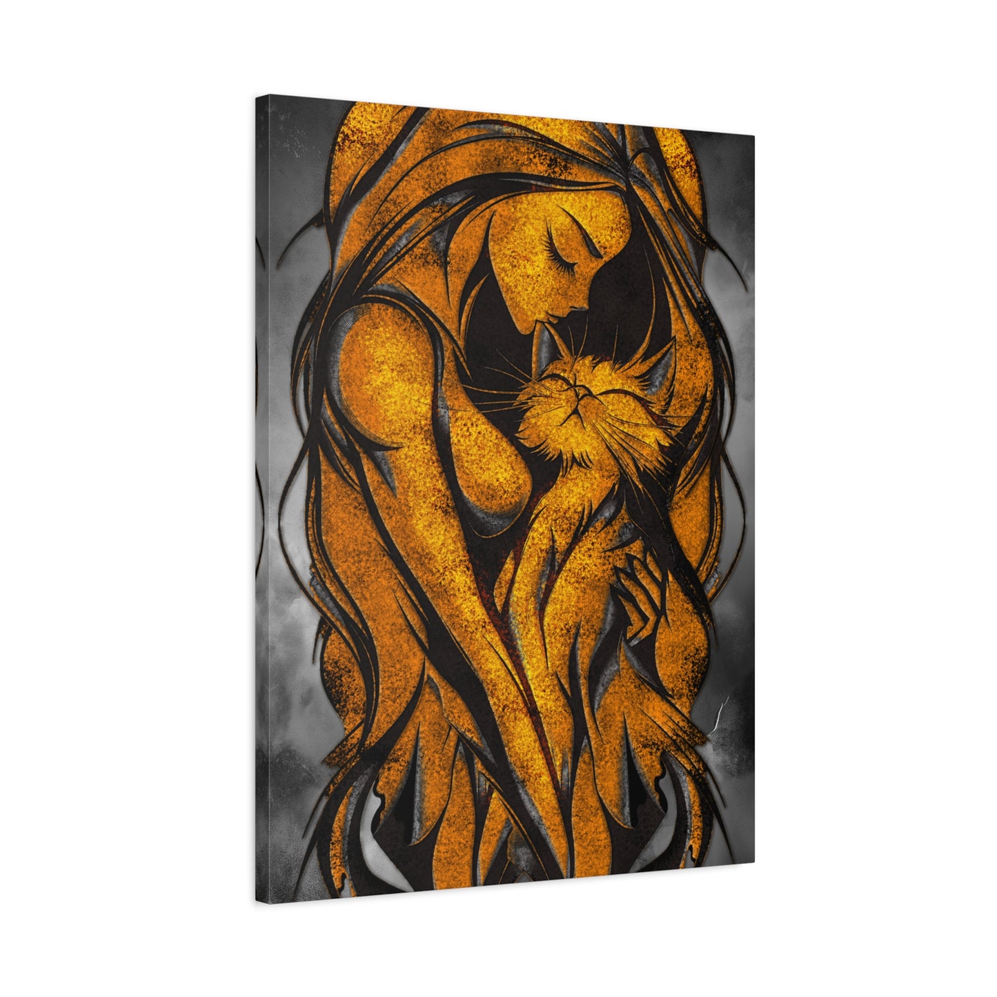 A Vertical Canvas Wall Print, Golden Woman Hugging Cat, Home Decor Wall Art, Matte Print, Stretched Canvas, Gift for Cat Lovers, Wall Decor.
